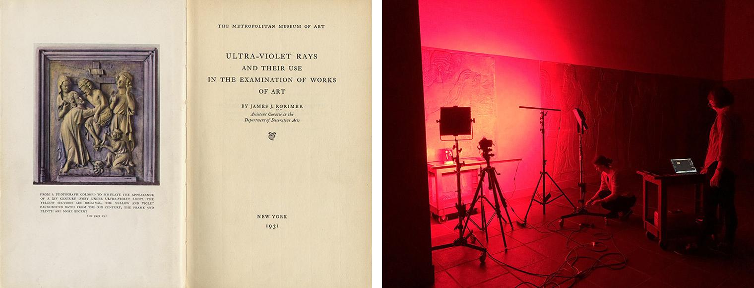 Left: The frontispiece in James Rorimer's study on the effects of ultraviolet light on objects. Right: Two conservators employing Visible-Induced Infrared Luminescence Imaging on a limestone relief.