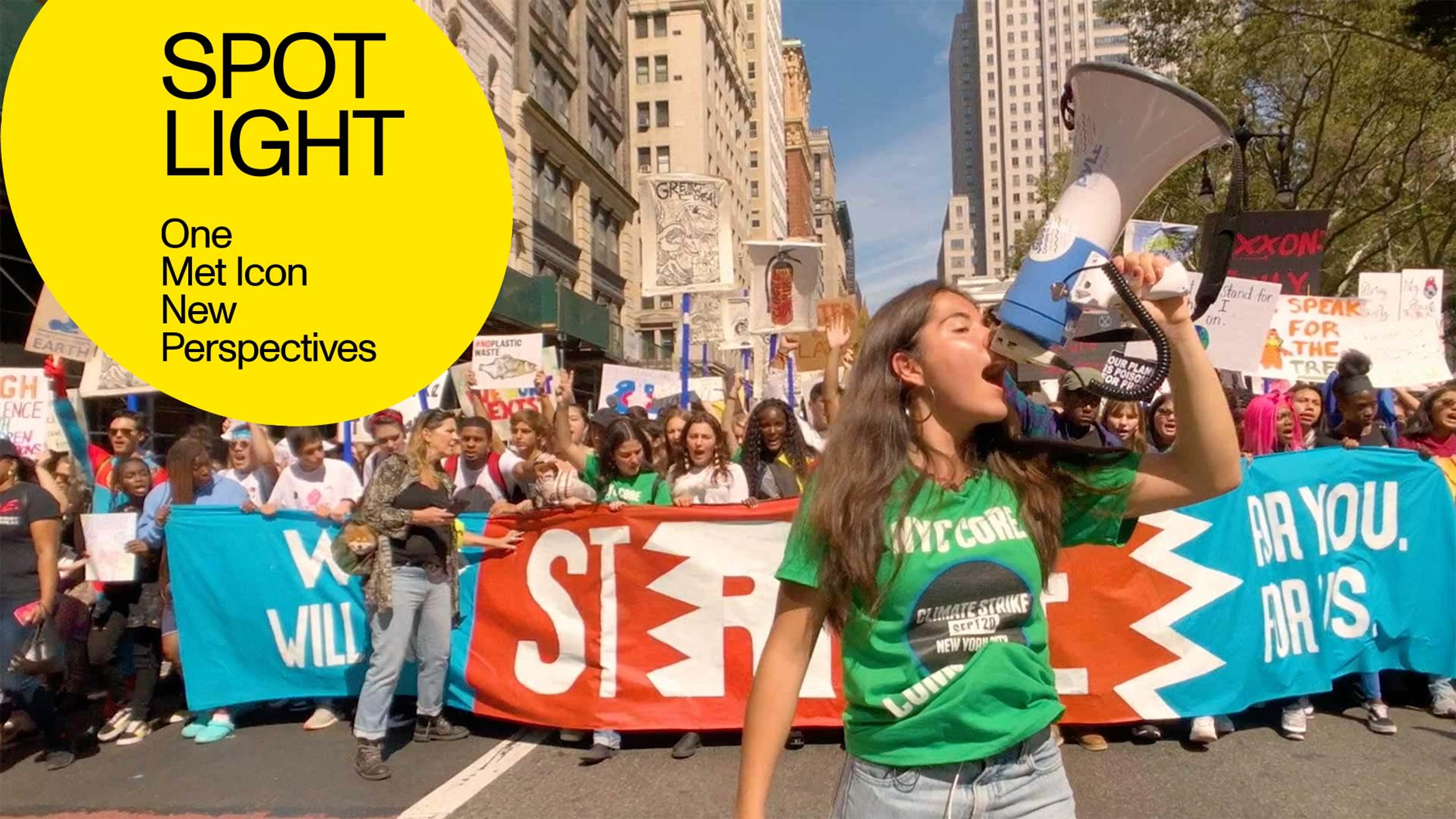 Indigenous American climate justice activist Xiye Bastida shouts into a megaphone in front of a large-scale protest