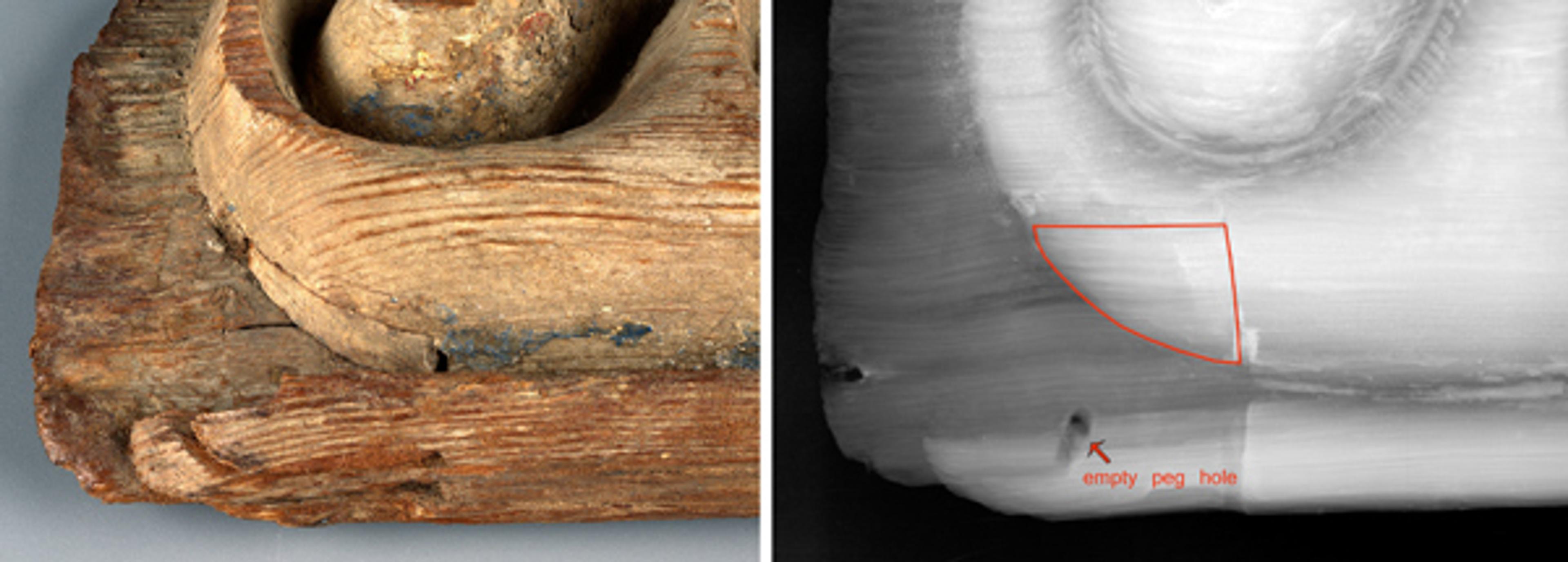 Fig. 5. Left: Lower left-hand mortise-and-tenon joint with later wood fill. Right: radiograph of joint