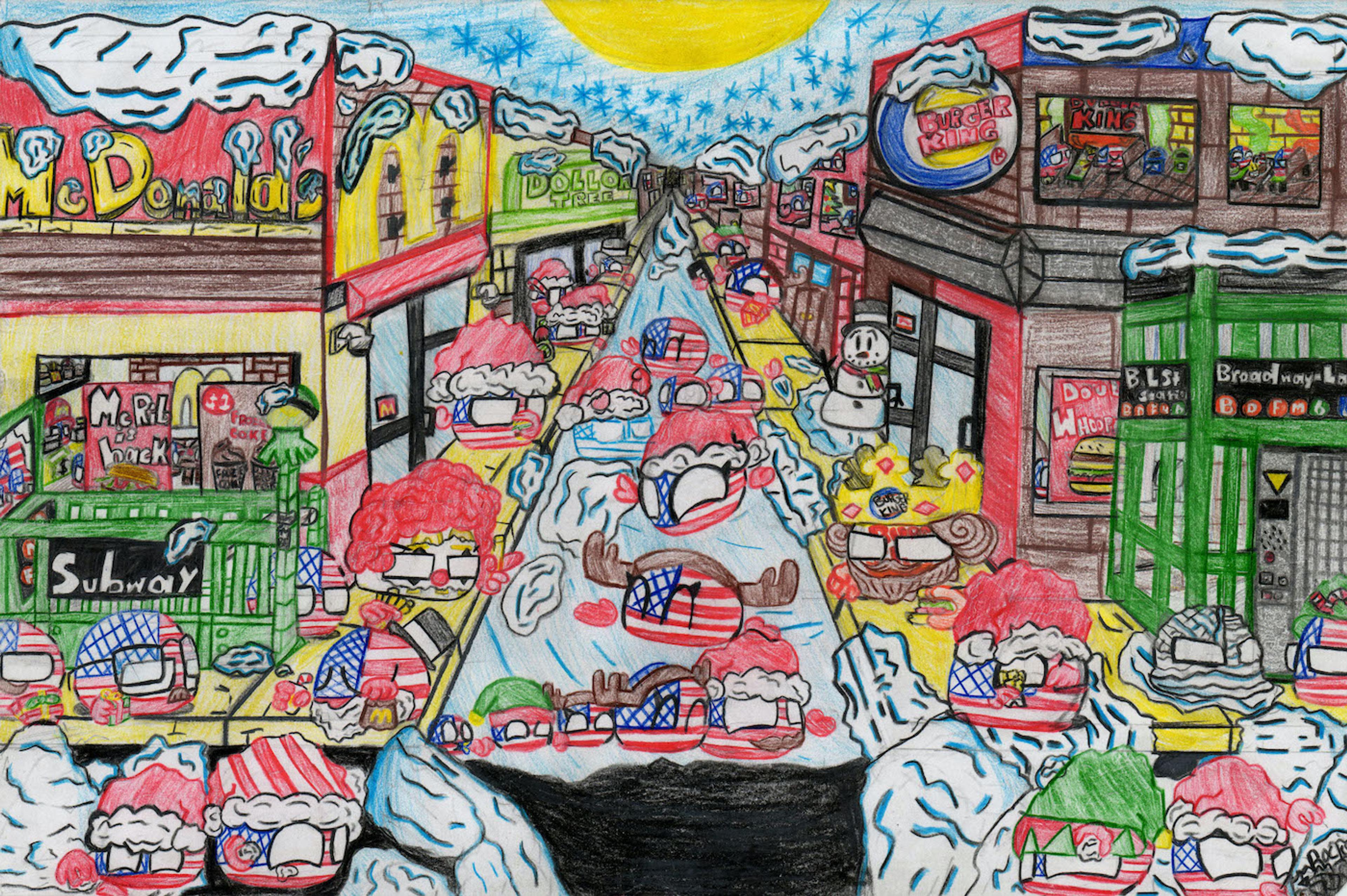 Colored pencil illustration of the center of a busy urban intersection, with a street in the middle receding toward the horizon in one point perspective. Numerous decorative spheres, mostly red, white, and blue, are scattered throughout the drawing. The artist calls these spheres "country balls." The balls represent people. A McDonald's restaurant and the green iron- fenced stairway to a subway station are shown at the left corner of the intersection. A Burger King restaurant and an enclosed subway elevator are shown at the right corner of the intersection. At the top of the image, a cropped yellow sun shines down upon a blue sky filled with pointy blue stars that resemble asterisks.