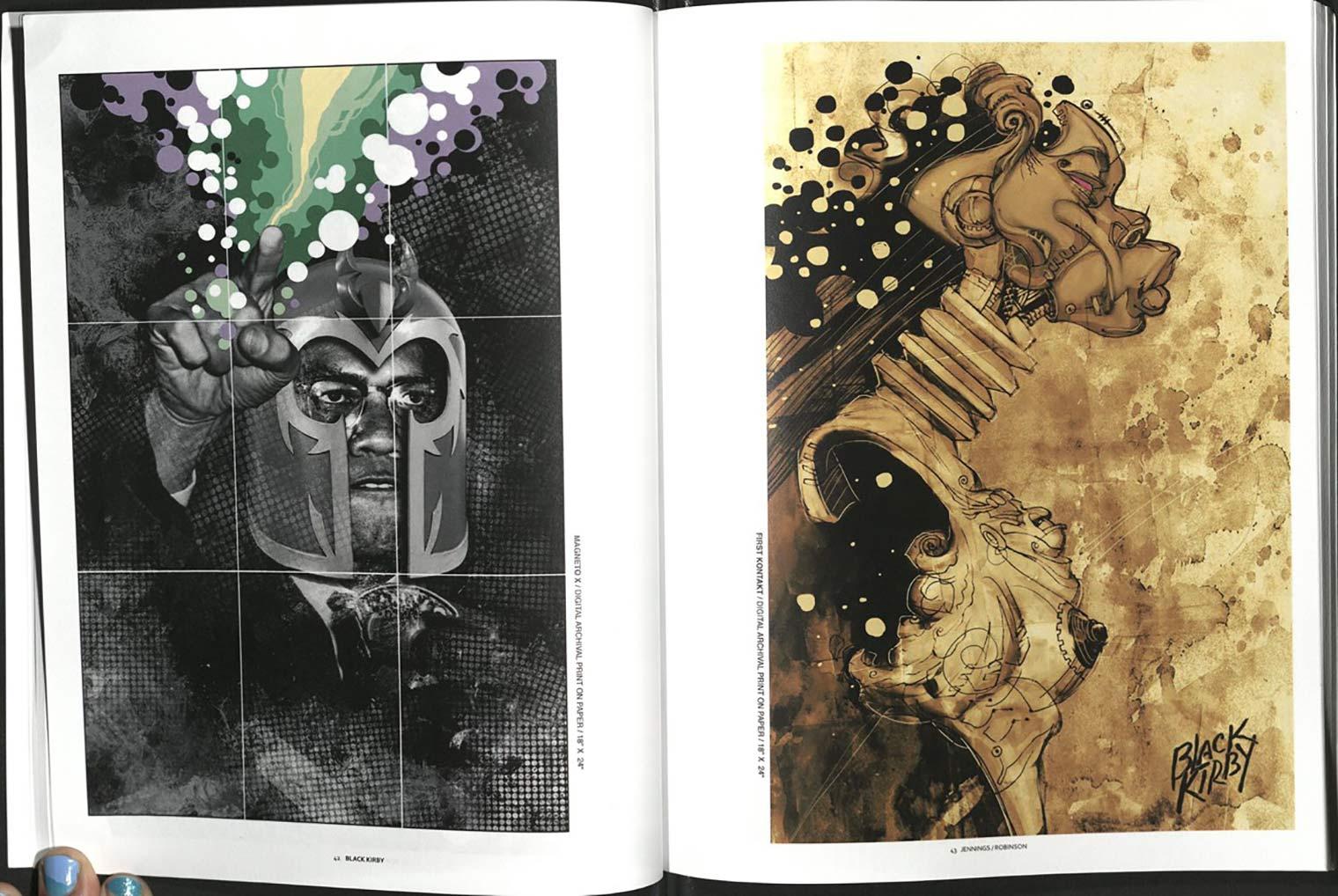 Black Kirby illustrations, one featuring Malcolm X