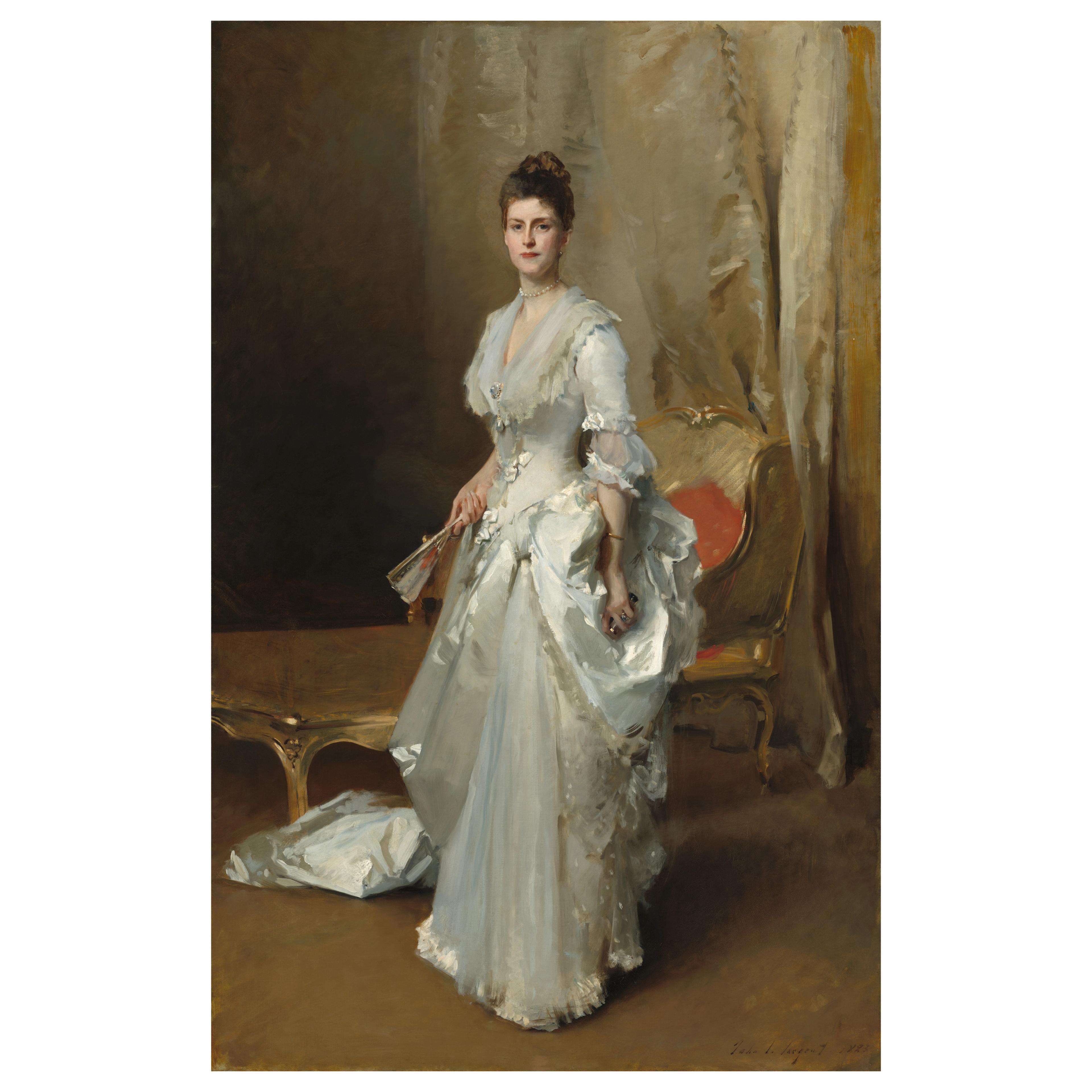 A woman in a lavish white gown stands elegantly in a room with rich, brown drapery and a gold-framed chair. She holds a fan, exuding grace and sophistication.
