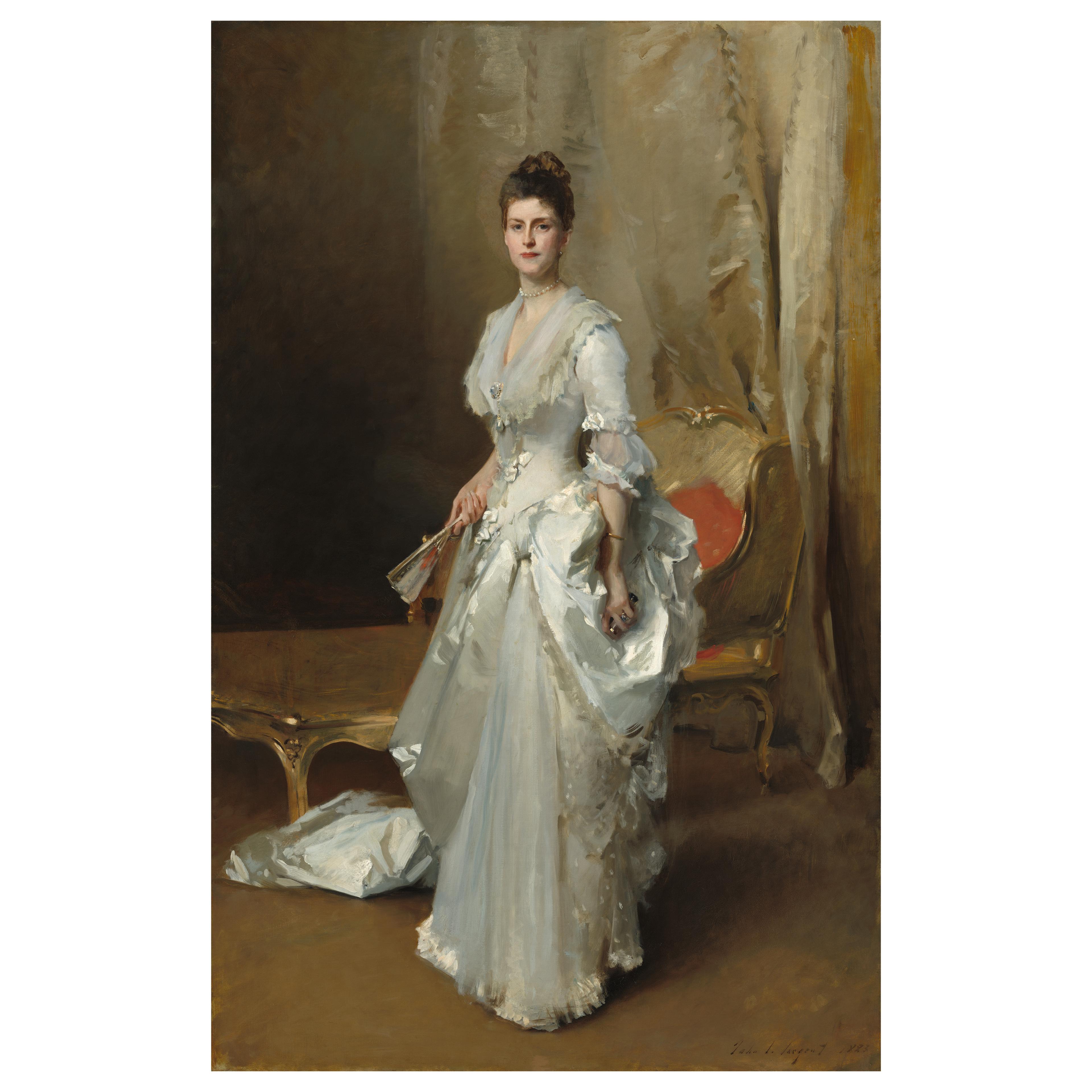 A woman in a lavish white gown stands elegantly in a room with rich, brown drapery and a gold-framed chair. She holds a fan, exuding grace and sophistication.