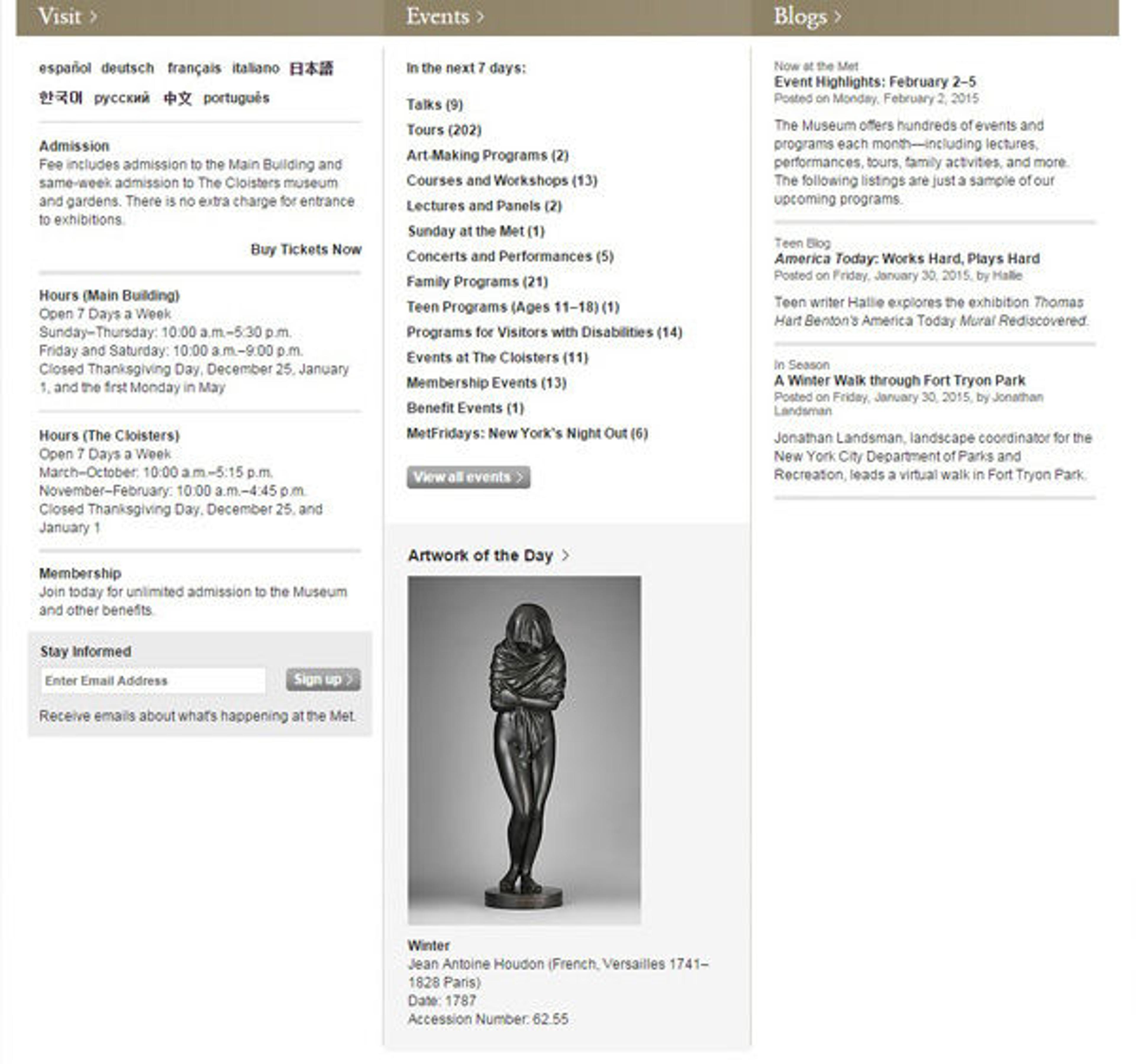 The Metropolitan Museum of Art Home Page, February 2, 2015