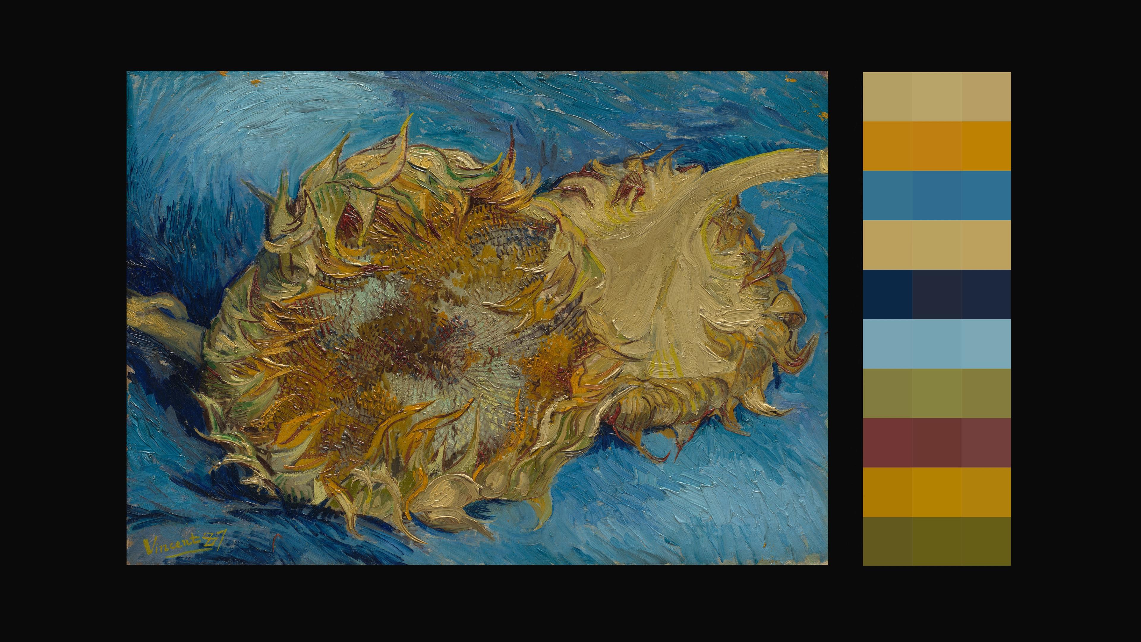 Display with Van Gogh's Sunflowers, corresponding to a set of color swatches along the right side of the panel.
