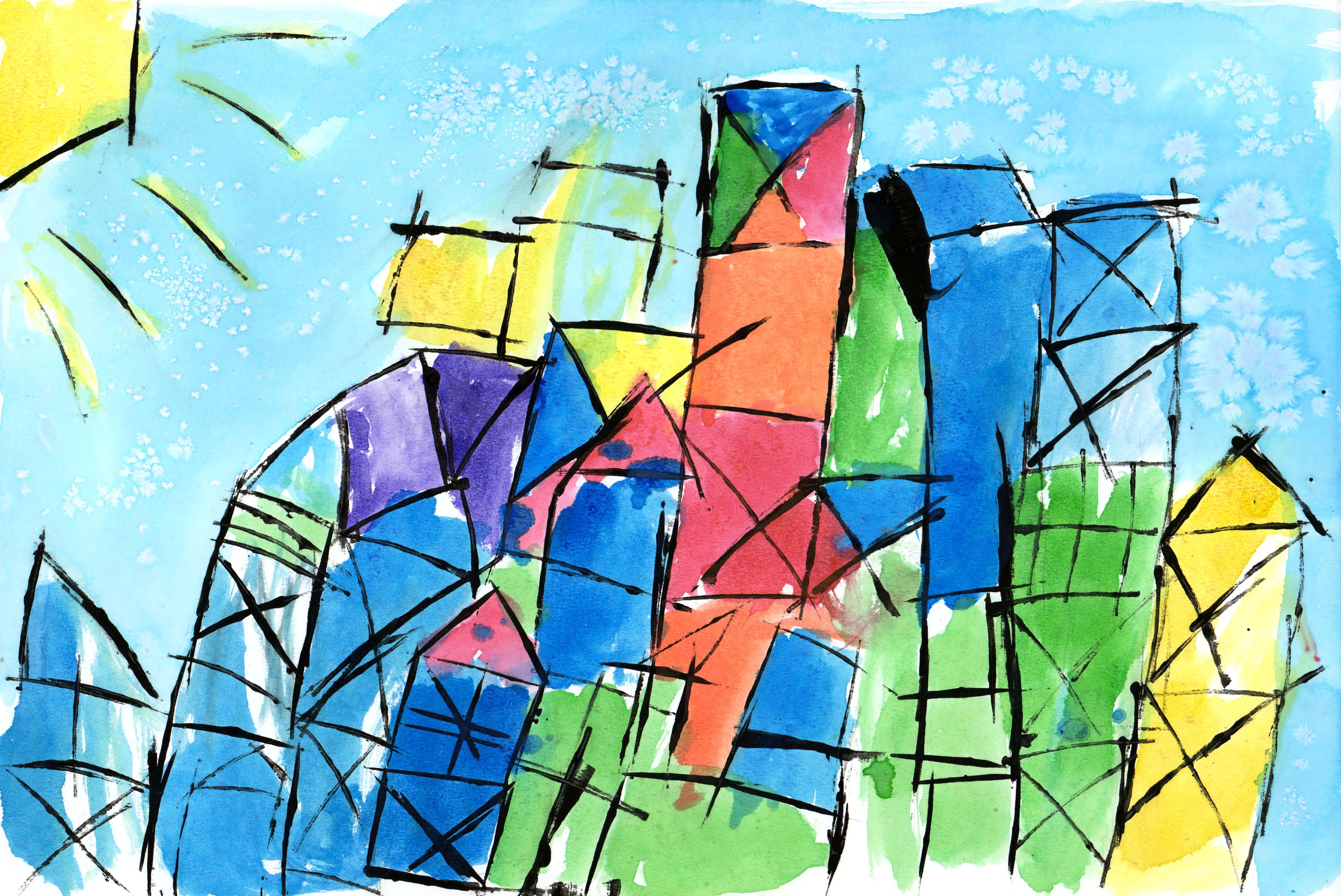 Painting of the New York City skyline, represented with abstract, geometric black outlined strokes, created with cardboard stamping, watercolor, and coarse salt. The buildings are painted in various colors including blue, green, red, orange, and yellow. The sky is blue and a yellow sun with yellow rays shines upon the city from the top left corner of the image.