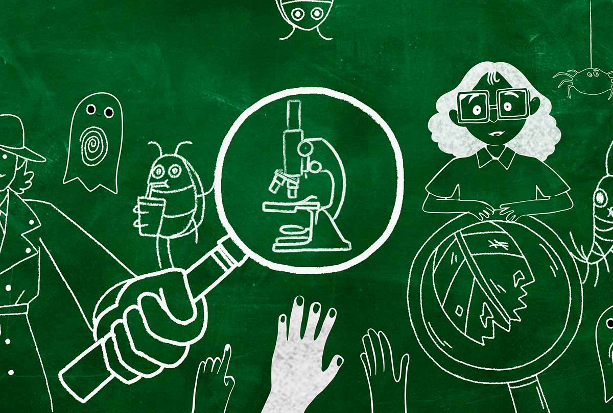 White chalk-like drawings of hands, bugs, and microscopes appear on a chalkboard green surface. 