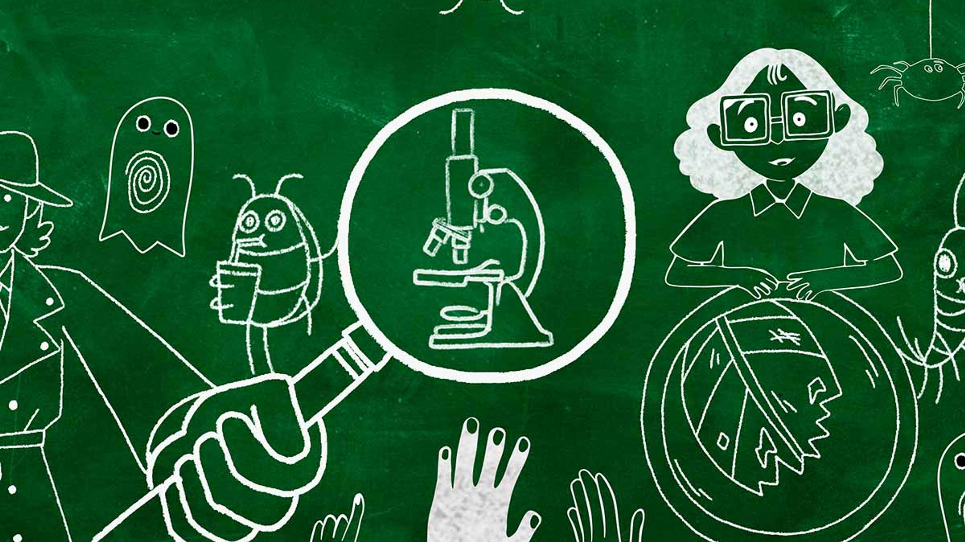 White chalk-like drawings of hands, bugs, and microscopes appear on a chalkboard green surface.