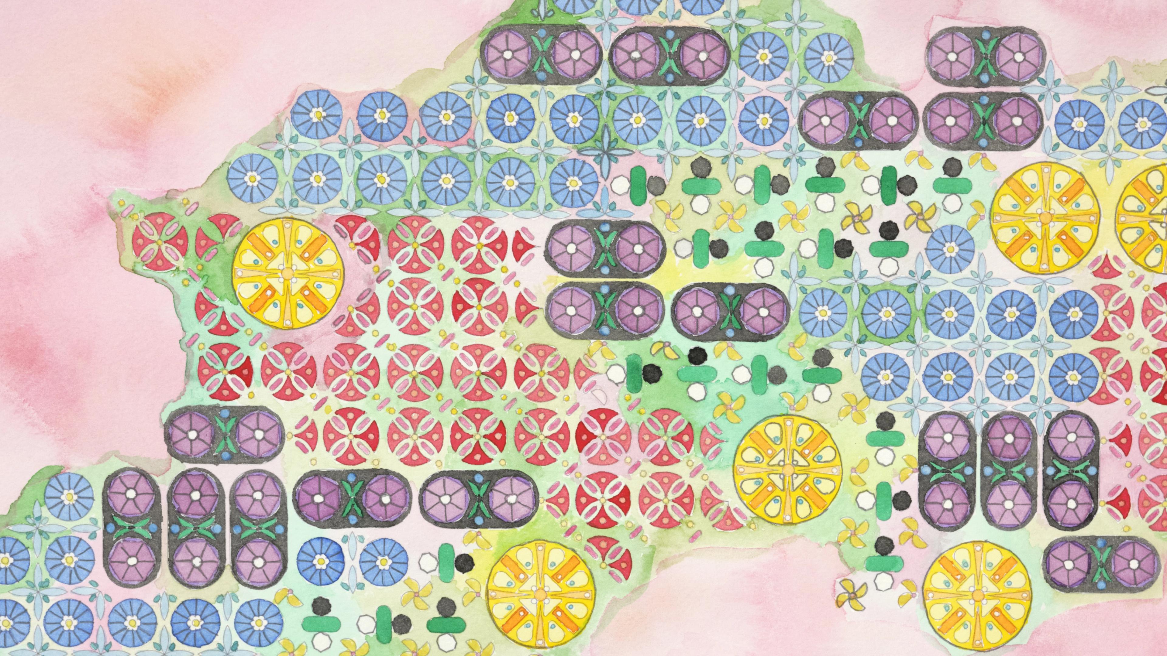 An array of brightly colored and intricately patterned shapes with a beautiful light-pink watercolored background.
