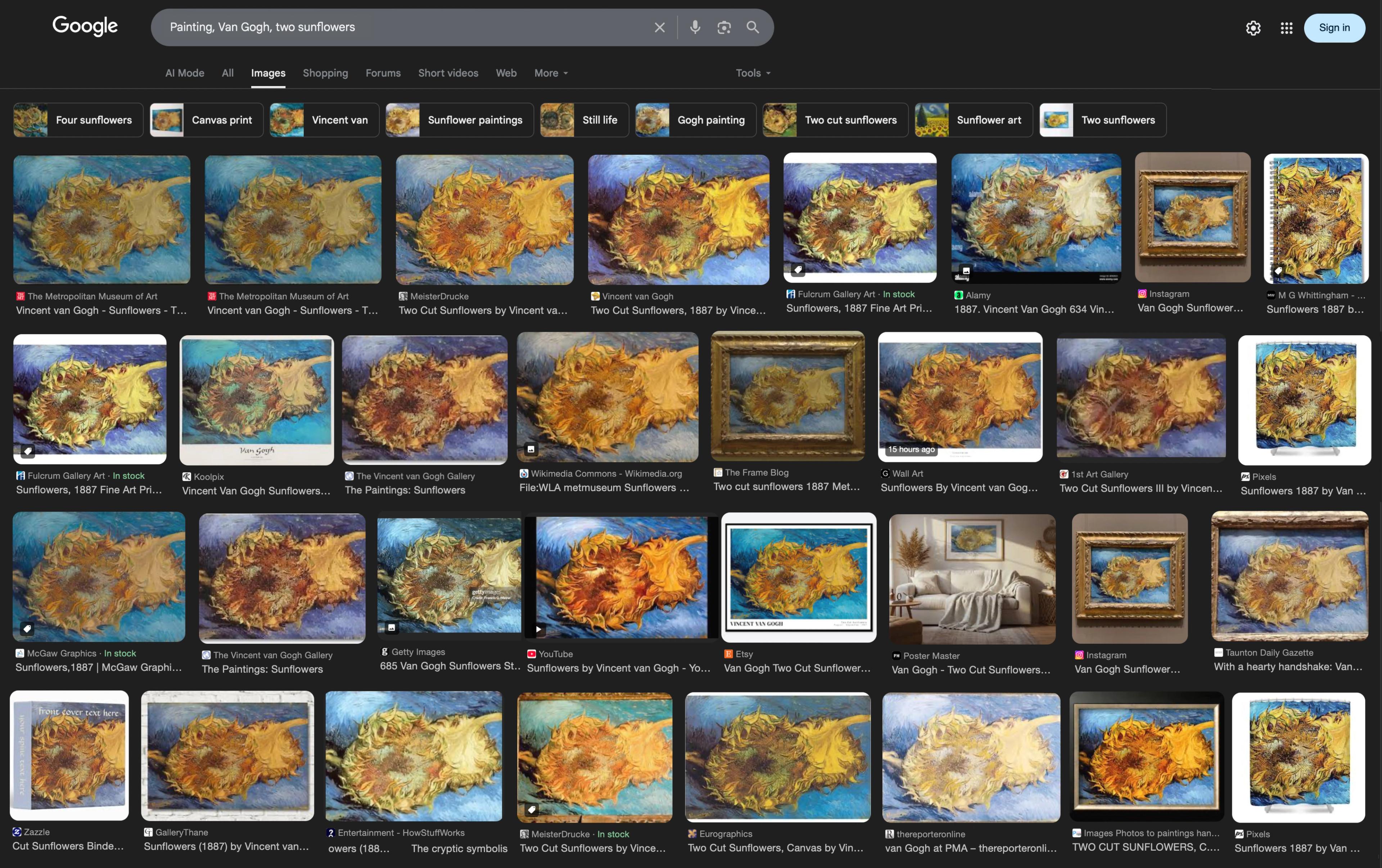 Screenshot of a Google image search for Van Gogh's Sunflowers. Over thirty image tiles show the artwork with markedly different color tones and shading.