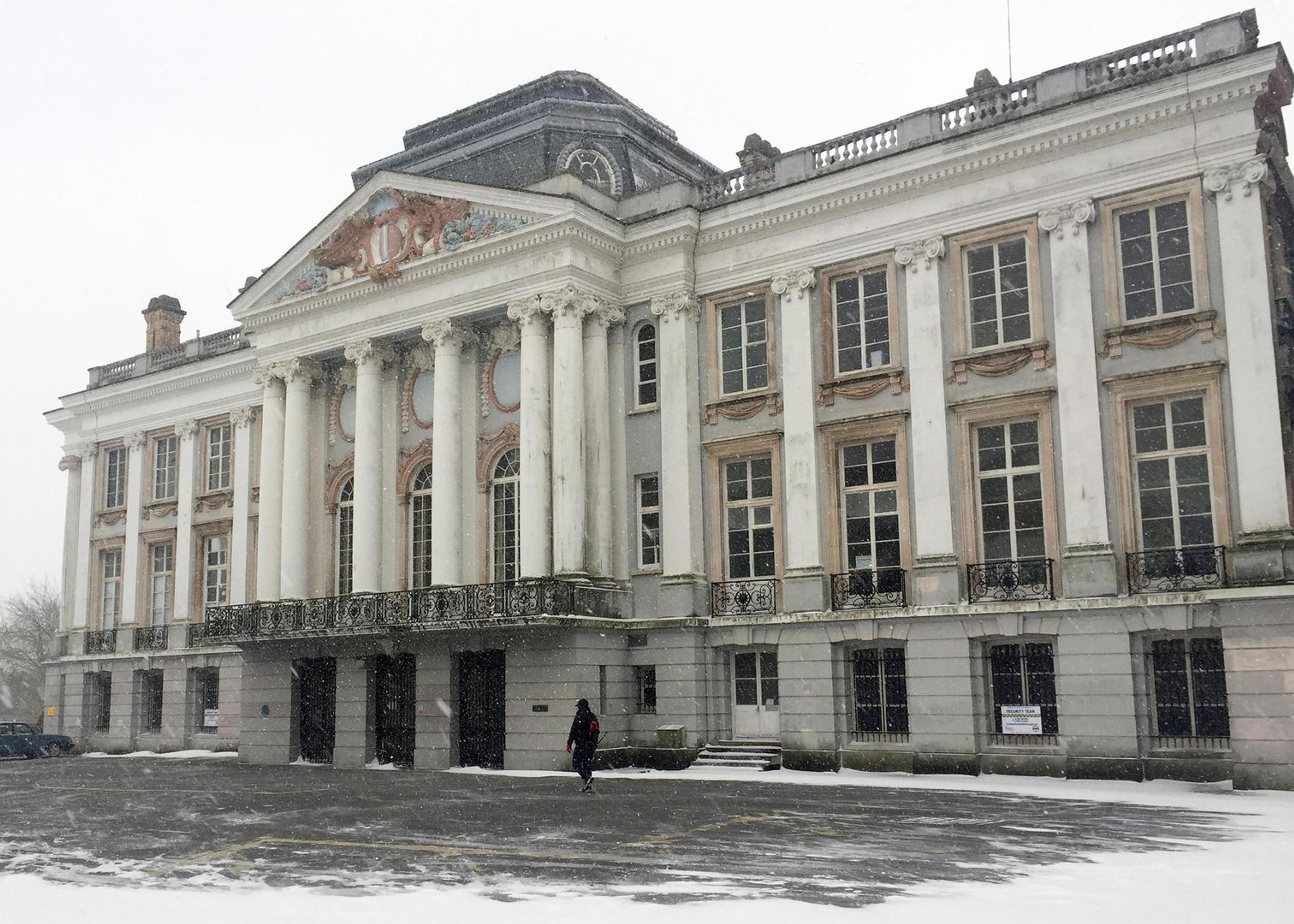 The exterior of Oldway Mansion in Paignton, Devon, England, as seen through snow thrown by the "Beast from the East." Photo by Nina Diamond