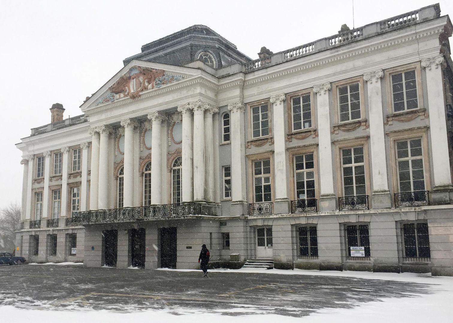 The exterior of Oldway Mansion in Paignton, Devon, England, as seen through snow thrown by the "Beast from the East." Photo by Nina Diamond