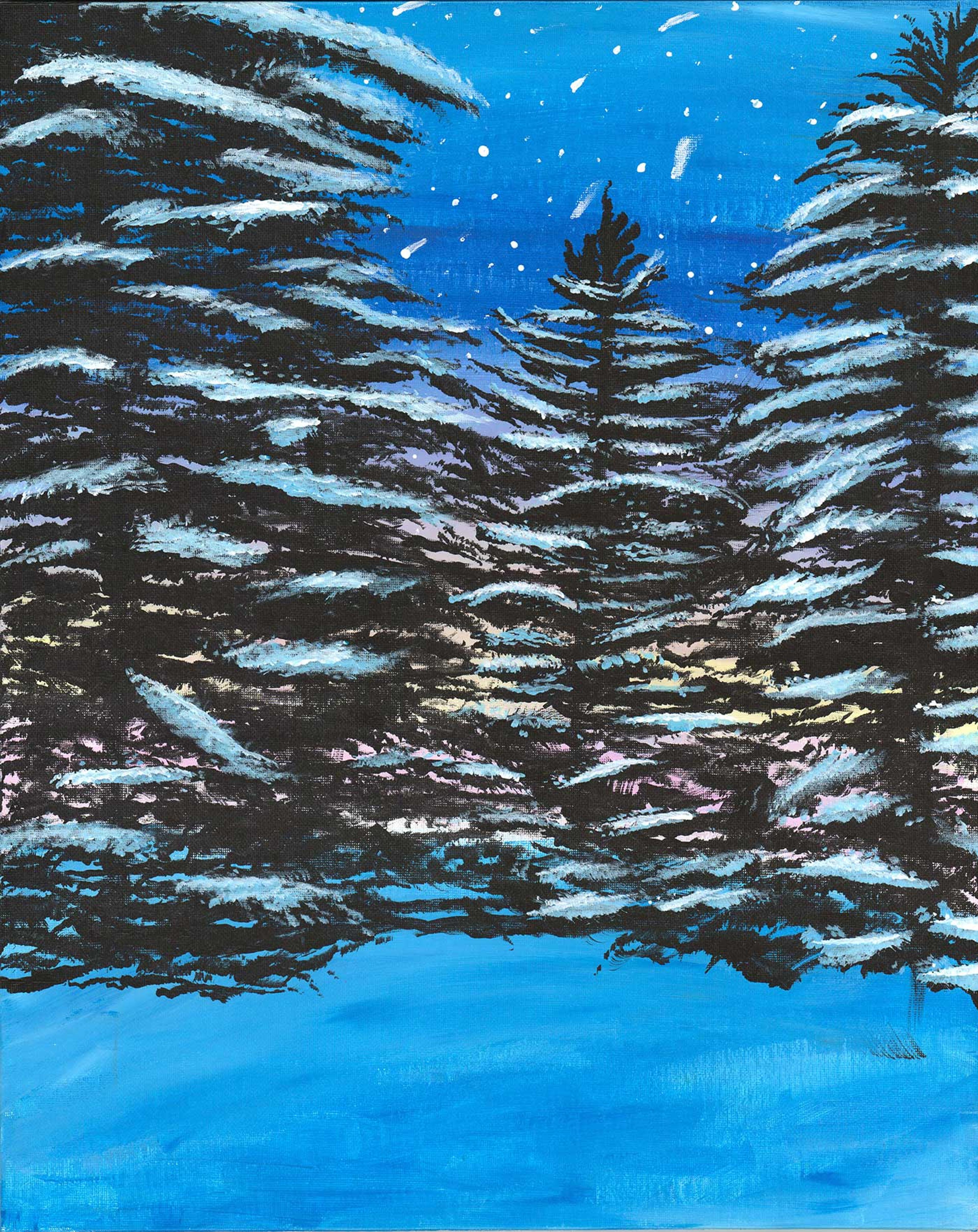 Painting of trees covered in snow with a blue background.