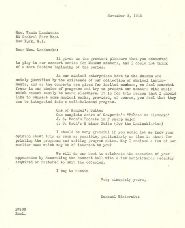 Carbon of Winternitz's letter to Landowska