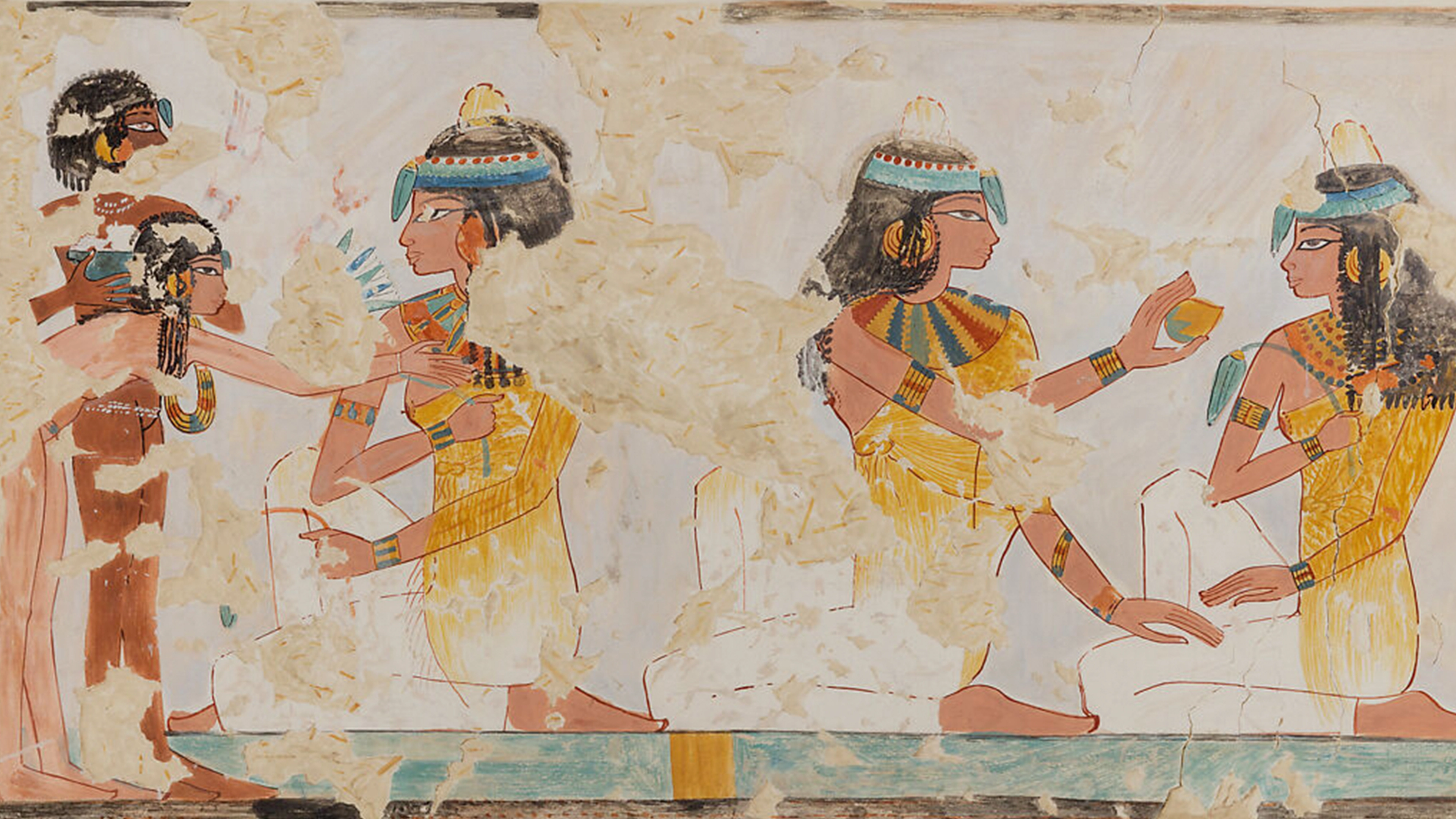 Nina de Garis Davies (1881–1965), Women at a Banquet (detail), Twentieth Century; original New Kingdom, Dynasty 18, probably reign of Thutmose IV, A.D. 1922; original ca. 1400–1390 B.C., Original from Egypt, Upper Egypt, Thebes, Sheikh Abd el-Qurna, Tomb of Nebseny (TT 108)