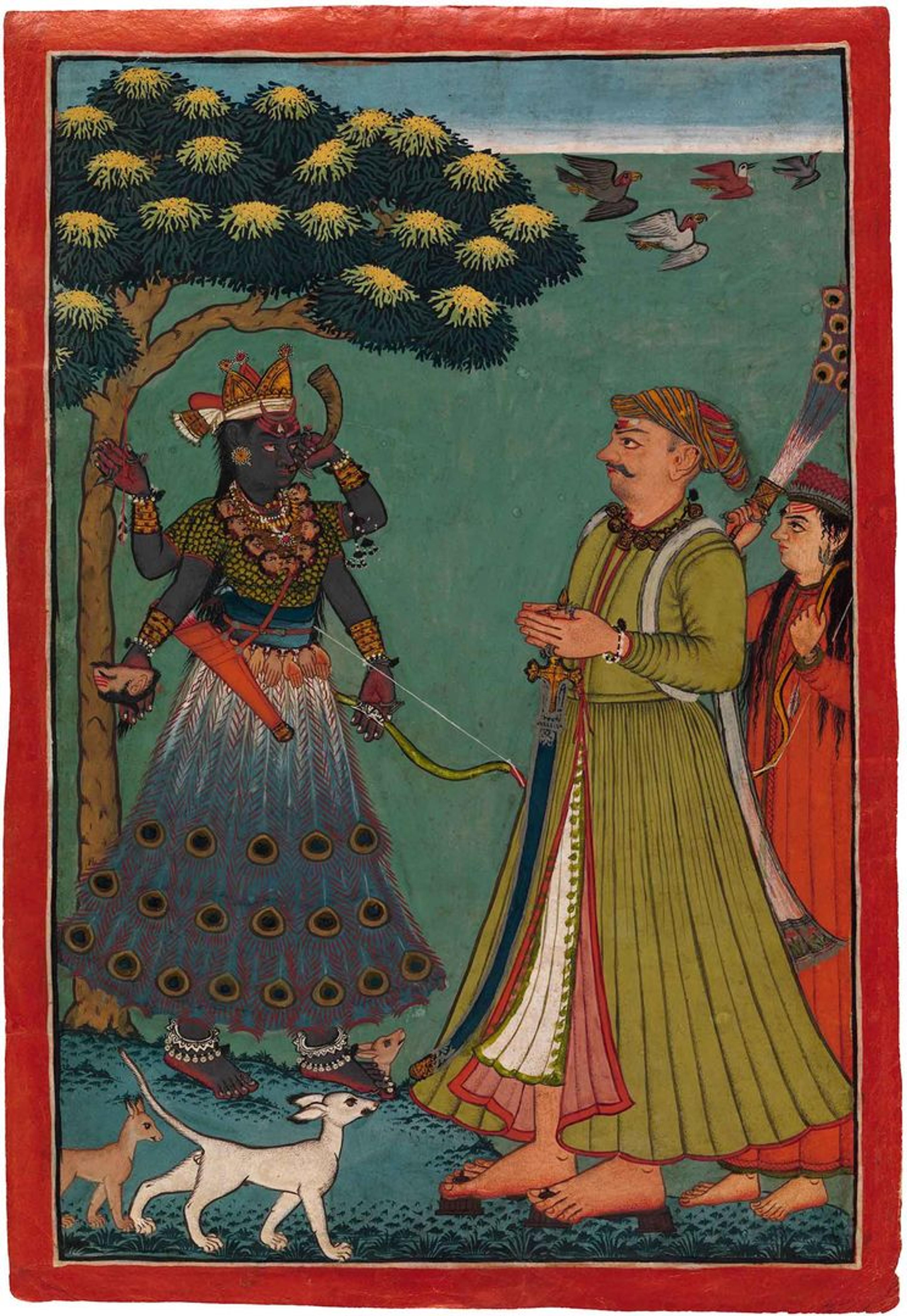 Painting of Raja Sidha gazing at a dark-skinned, four-armed Durga wearing a skirt of peacock feathers