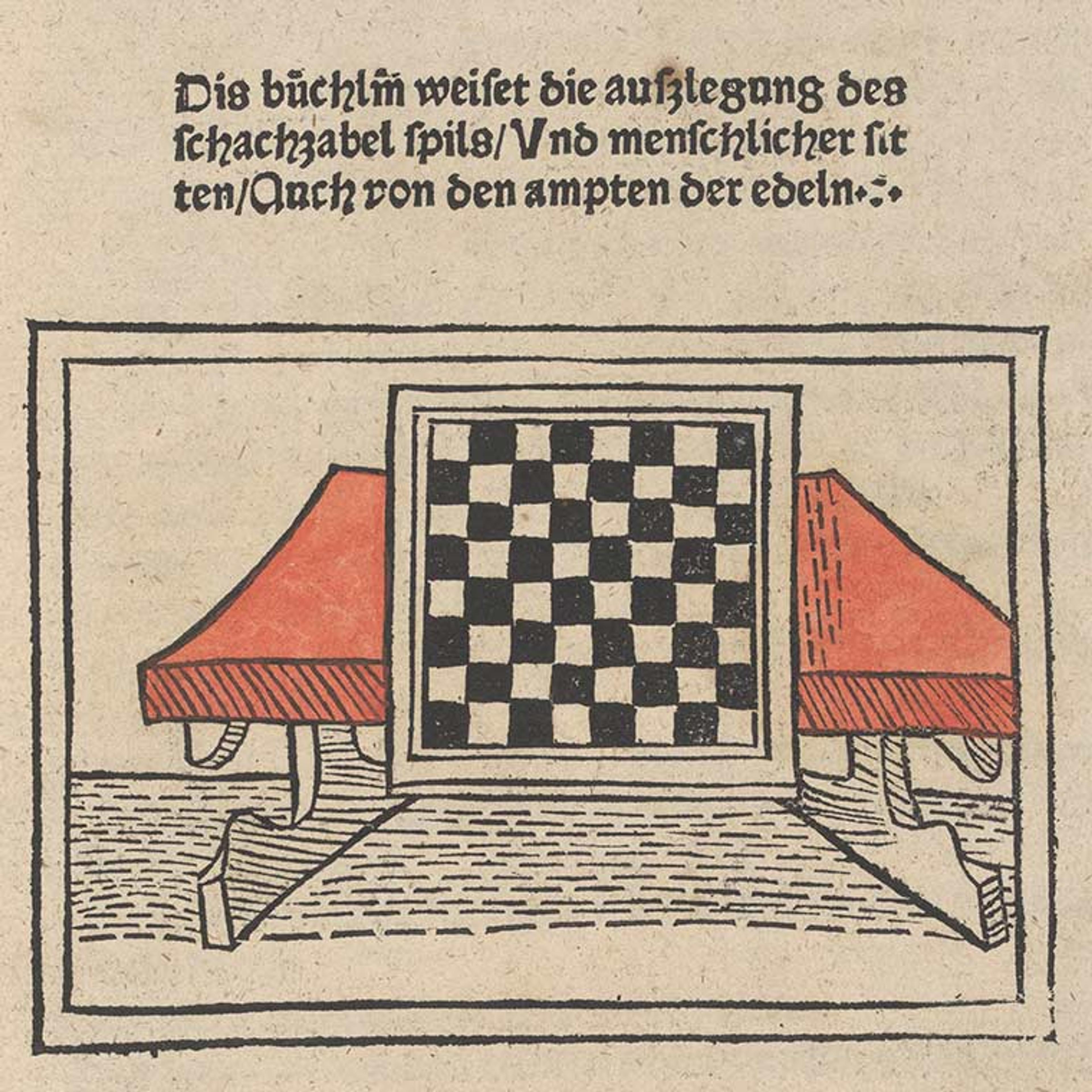 An aged print of a chessboard on an orange table beneath some text in German