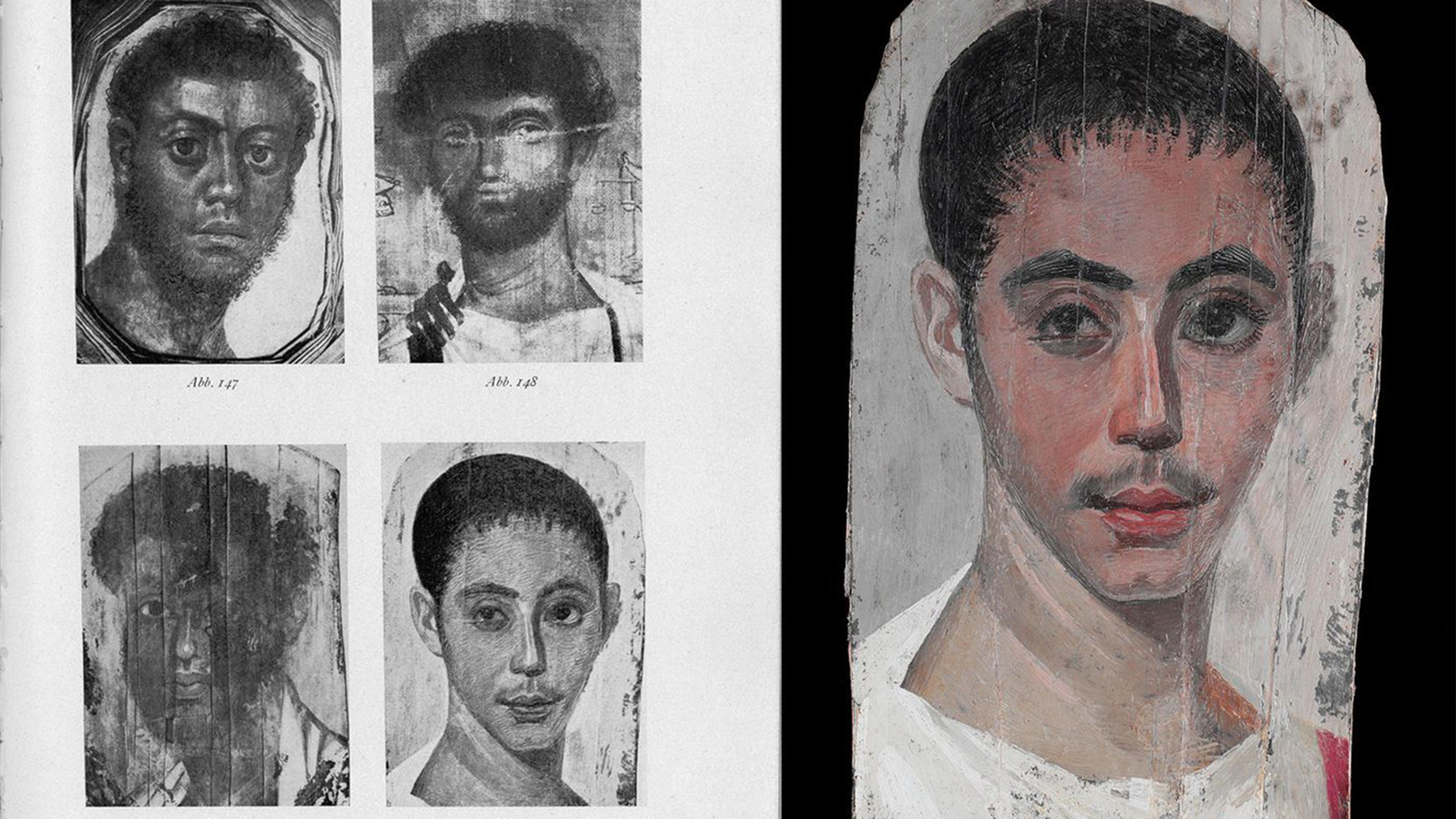 Four grayscale ancient Roman-Egyptian portraits on the left; one color image on the right depicting a young person with short dark hair and a neutral expression.