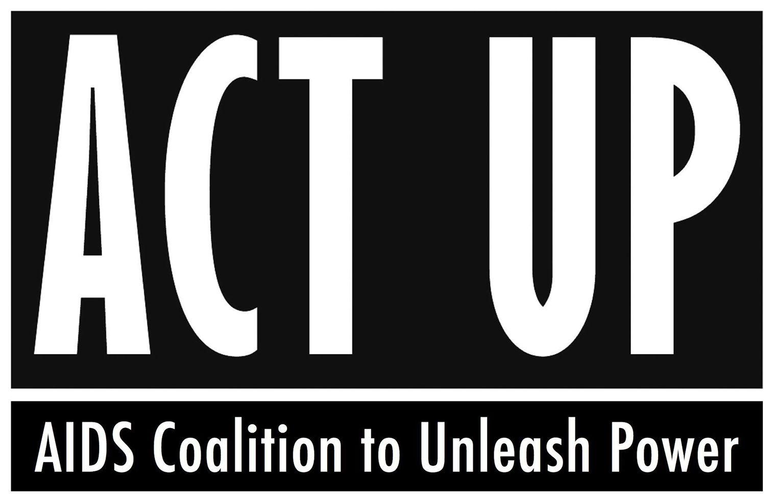 ACT UP logo with the words ACT UP in large caps and below a subtitle saying AIDS coalition to Unleash Power. The lettering is done in white against black with a white border separating the lower title from the subtitle below.