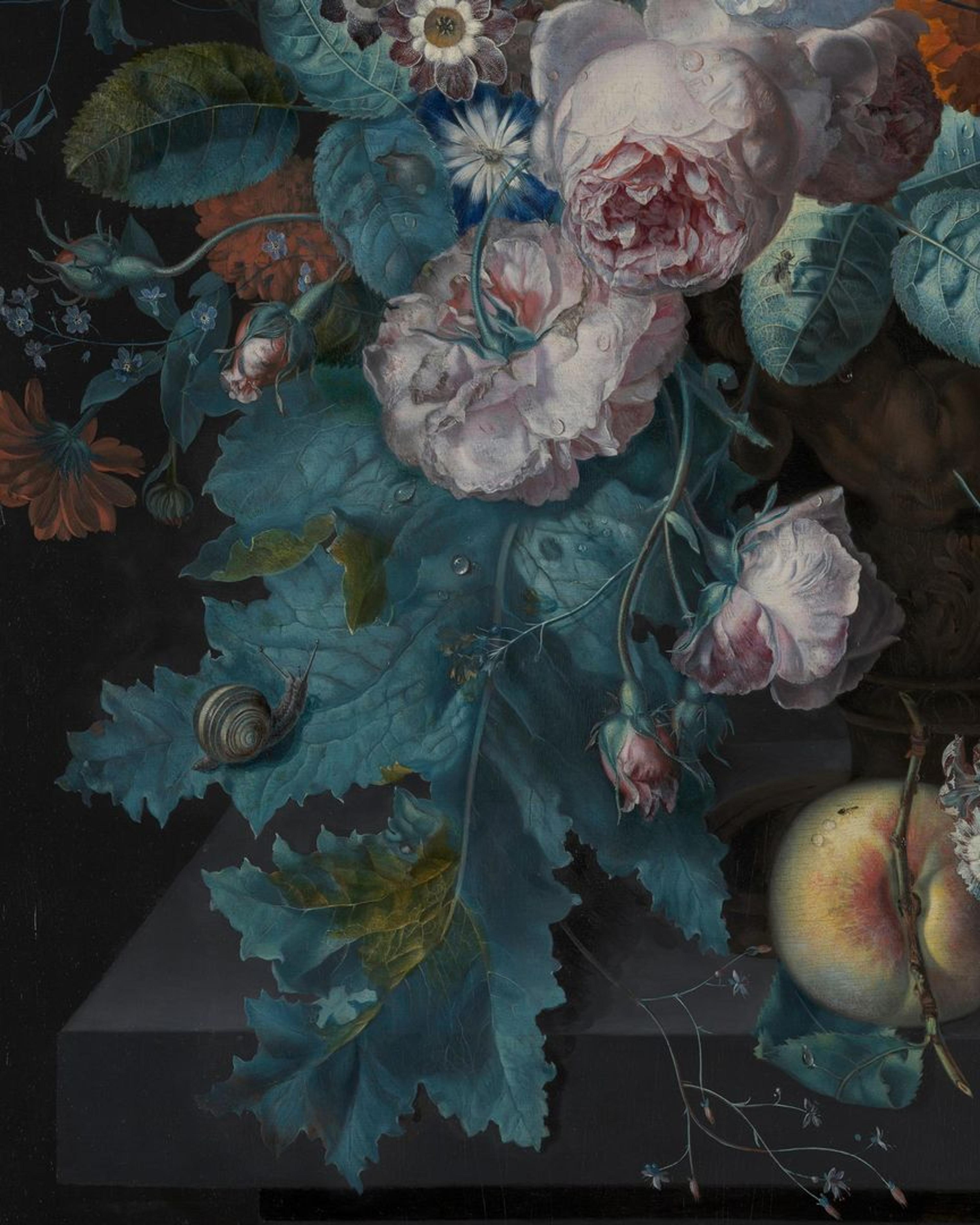 Detail view of flowers, an insect, and an apple in Margareta Haverman's painting "A Vase of Flowers"