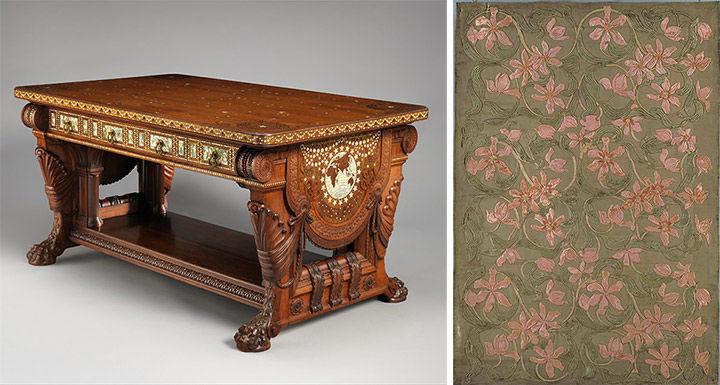 Elaborate wood library table inlaid with mother-of-pearl on left; grey-green textile appliqued with pink flowers and embroidered with pink and metallic thread on right
