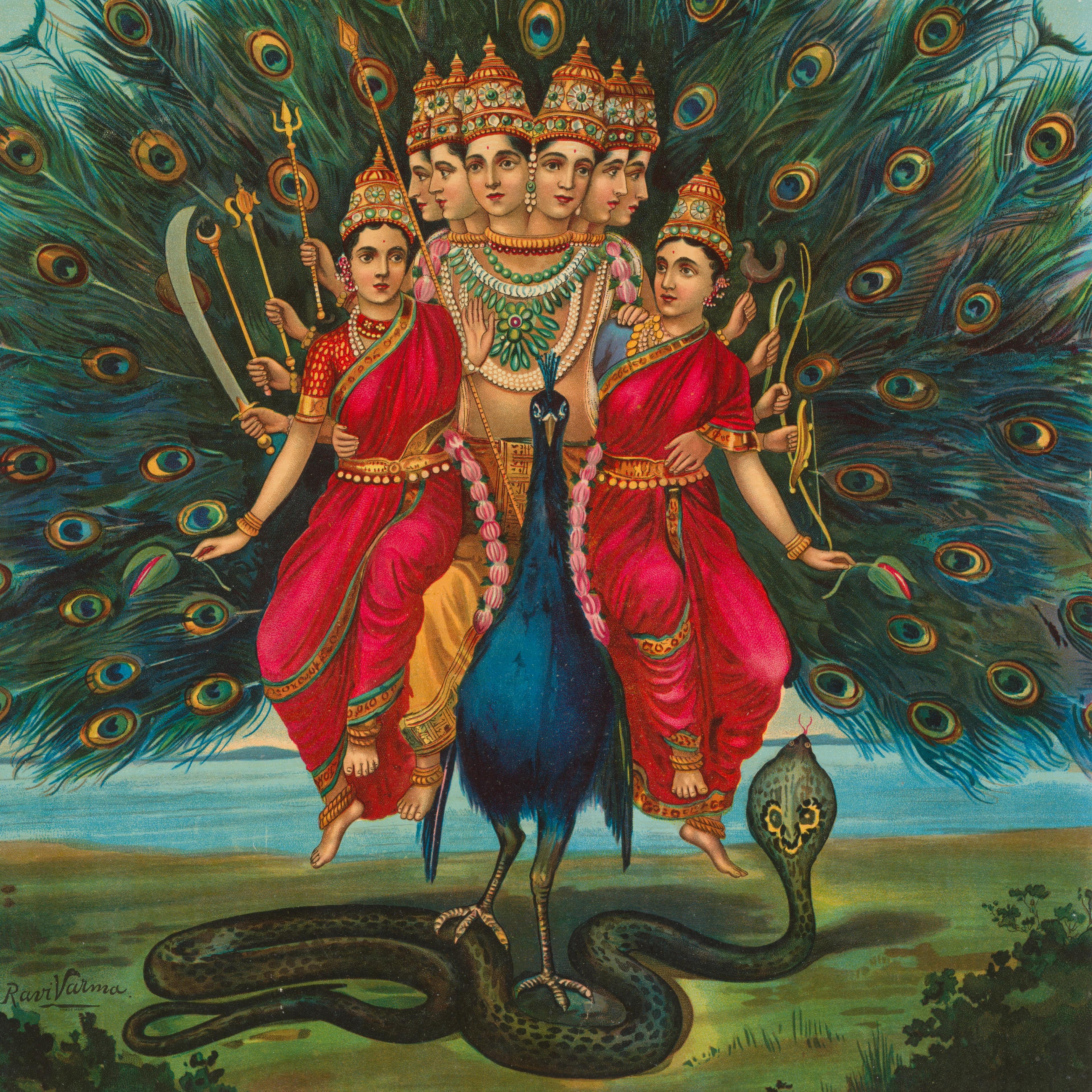 A vibrant depiction of a Hindu deity with six heads and twelve arms, each holding a weapon. He stands before a detailed peacock, surrounded by a majestic array of feathers
