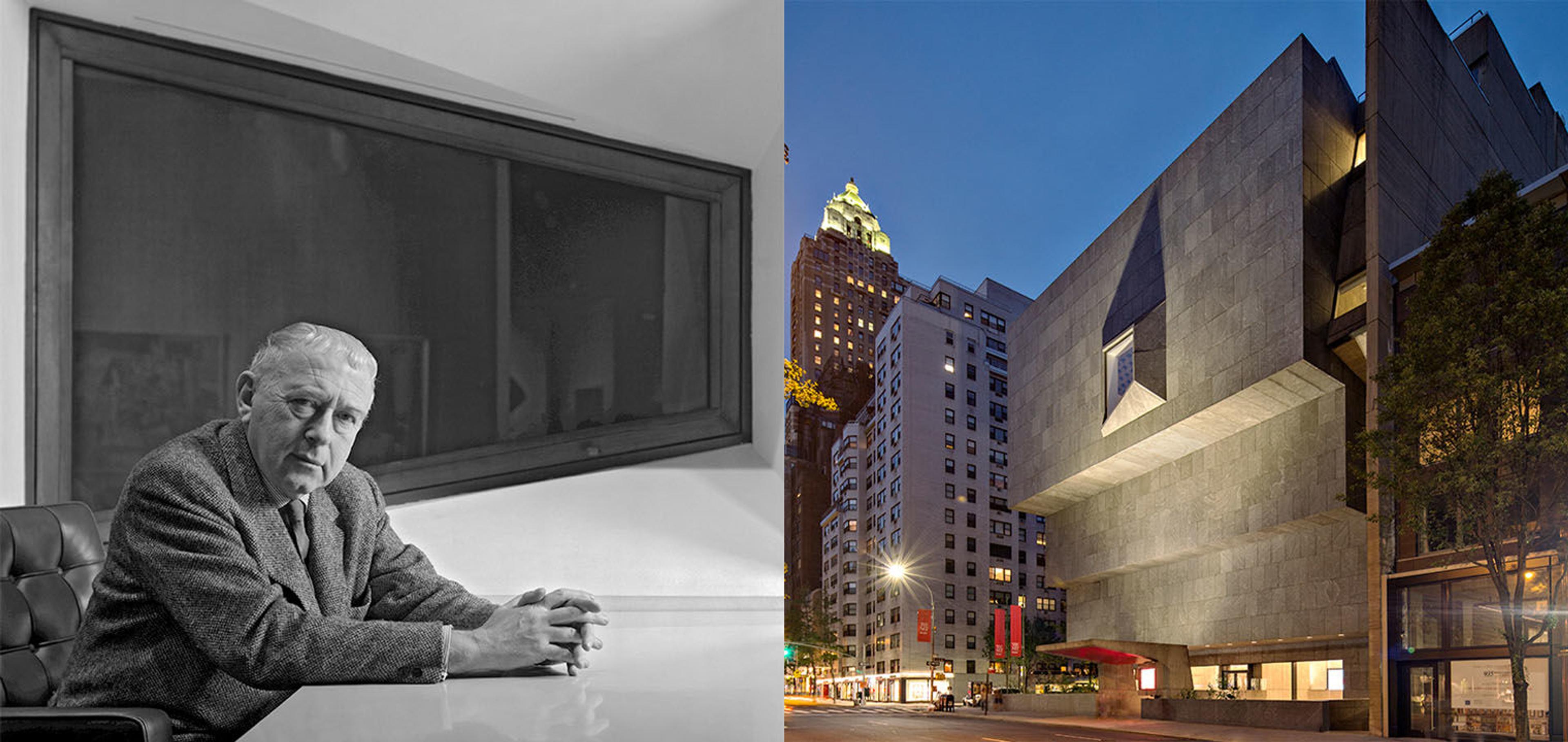 Marcel Breuer seated at a table; The exterior of the Met Breuer at night.