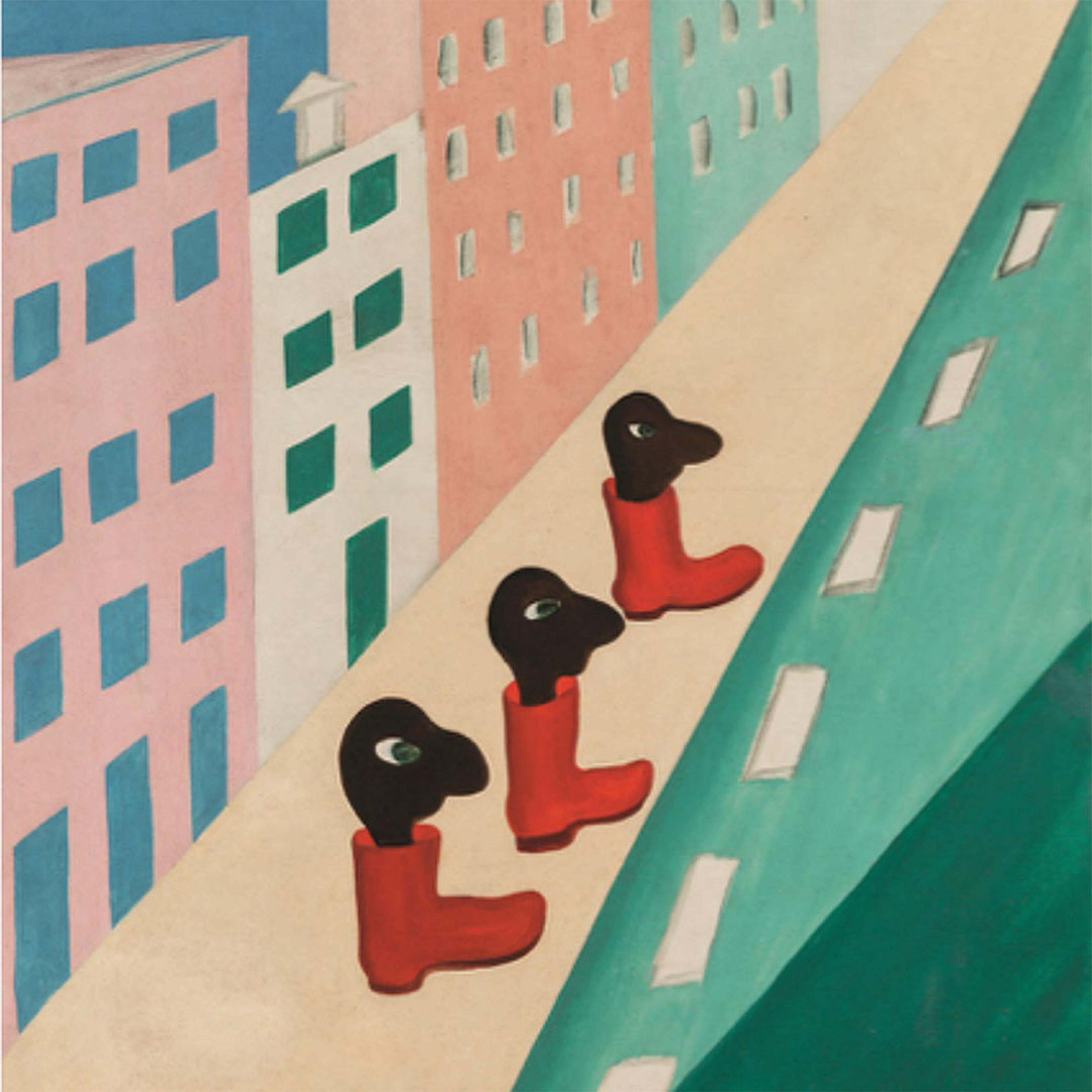 A painting of three creatures in red boots, advancing down a city street lined with bright buildings.