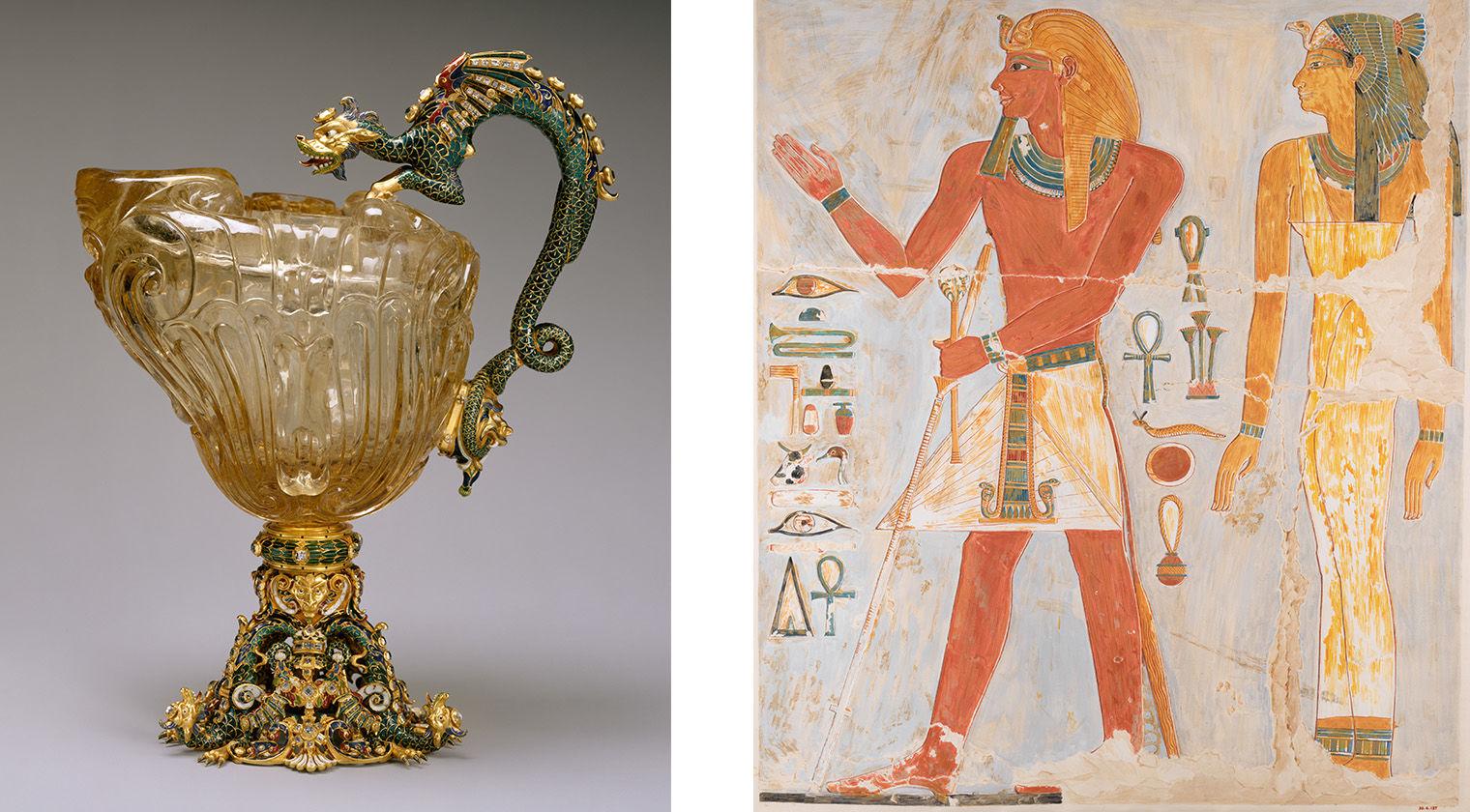 Composite image, Left: photograph of gold and green cup, right: Painting of two figure in orange and yellow against beige background
