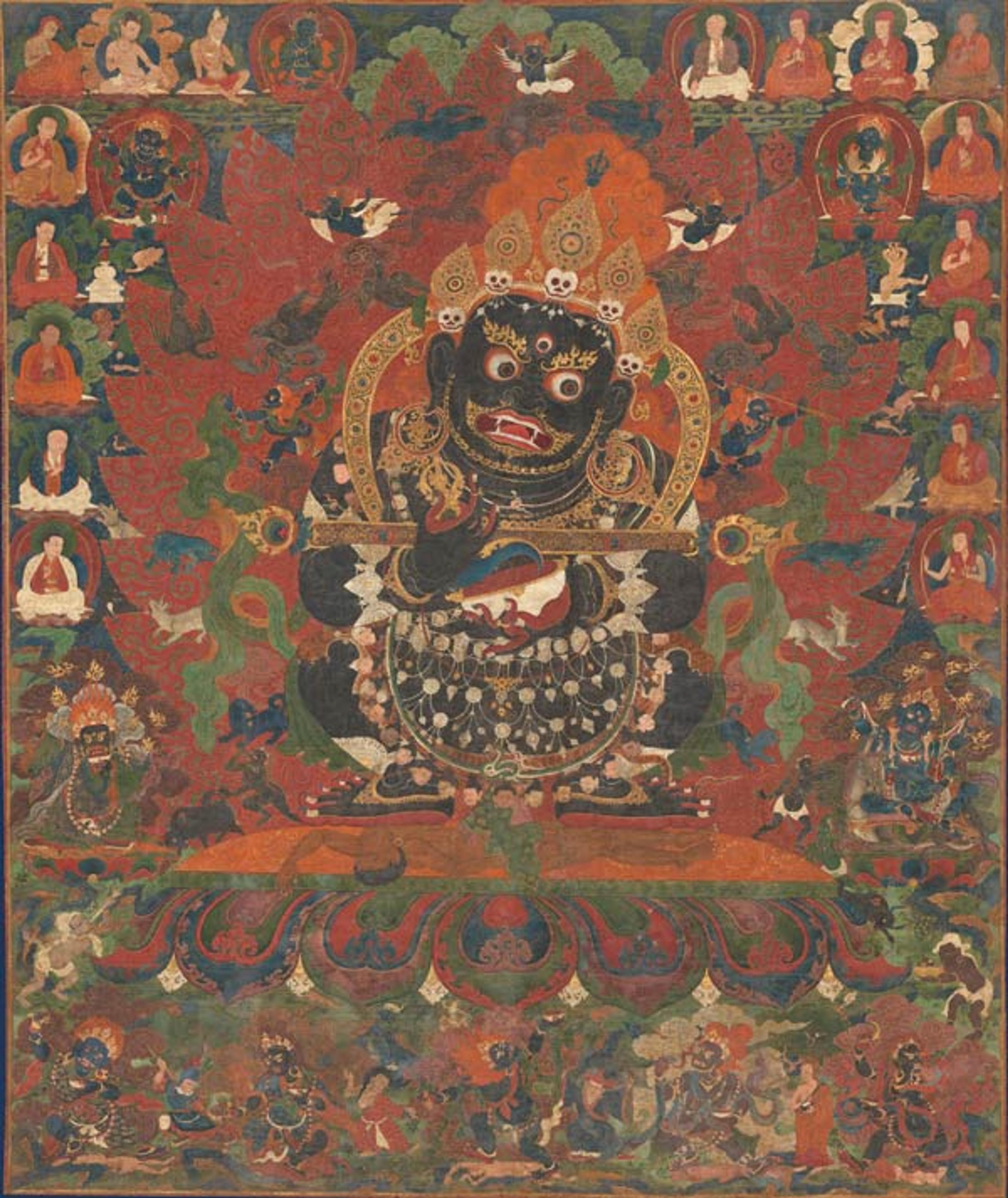 Mahakala, Protector of the Tent, ca. 1500. Central Tibet. Distemper on cloth; Image: 64 x 53 in. (162.6 x 134.6 cm). The Metropolitan Museum of Art, New York, Gift of Zimmerman Family Collection, 2012 (2012.444.4)