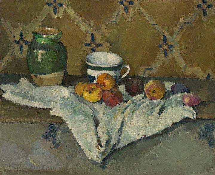 Cezanne's painting of apples, a jar and a mug.