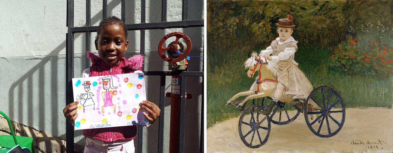 Gugulethu holds up her finished portrait of two figures and a colorful dotted background. She was inspired by a portrait by Claude Monet, depicting his son Jean Monet on a tricycle in a garden.