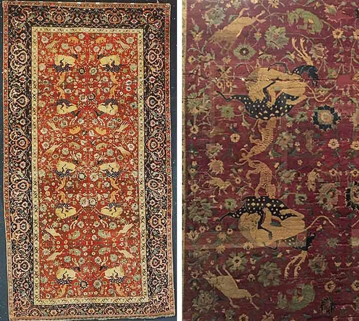 Rug on left, lion pouncing on animal with antlers on right
