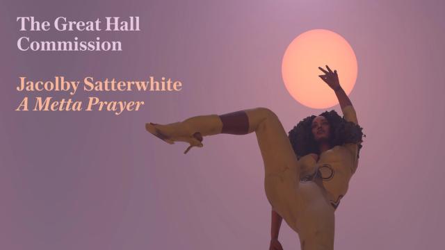 Animated image of woman in striking pose on a cloud in front of purple backdrop.