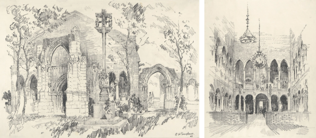 Two sketches: one of an exterior stone structure with arches and trees, the other of an interior hall with Gothic arches and hanging lanterns.