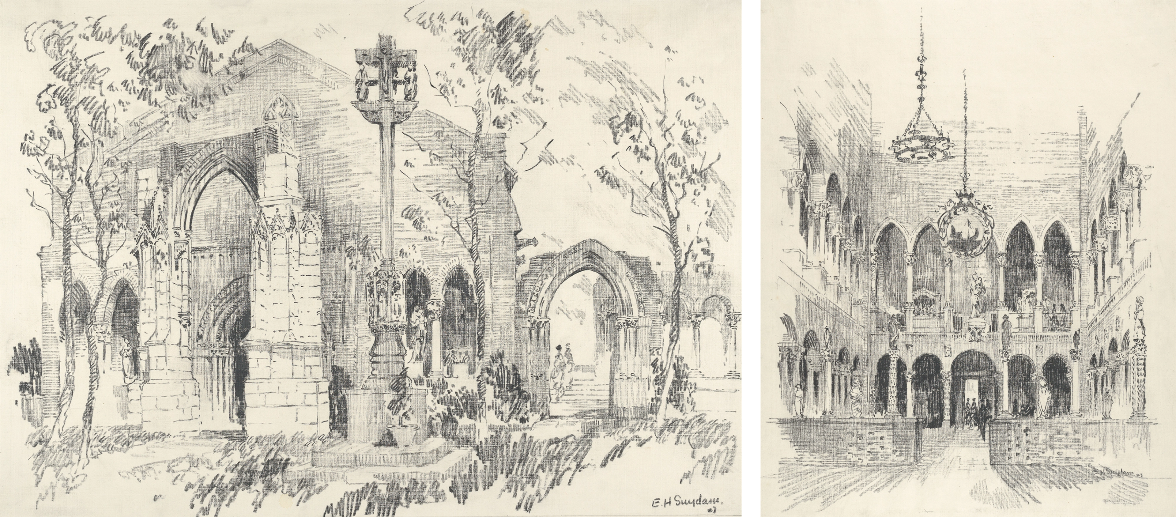 Two sketches: one of an exterior stone structure with arches and trees, the other of an interior hall with Gothic arches and hanging lanterns.
