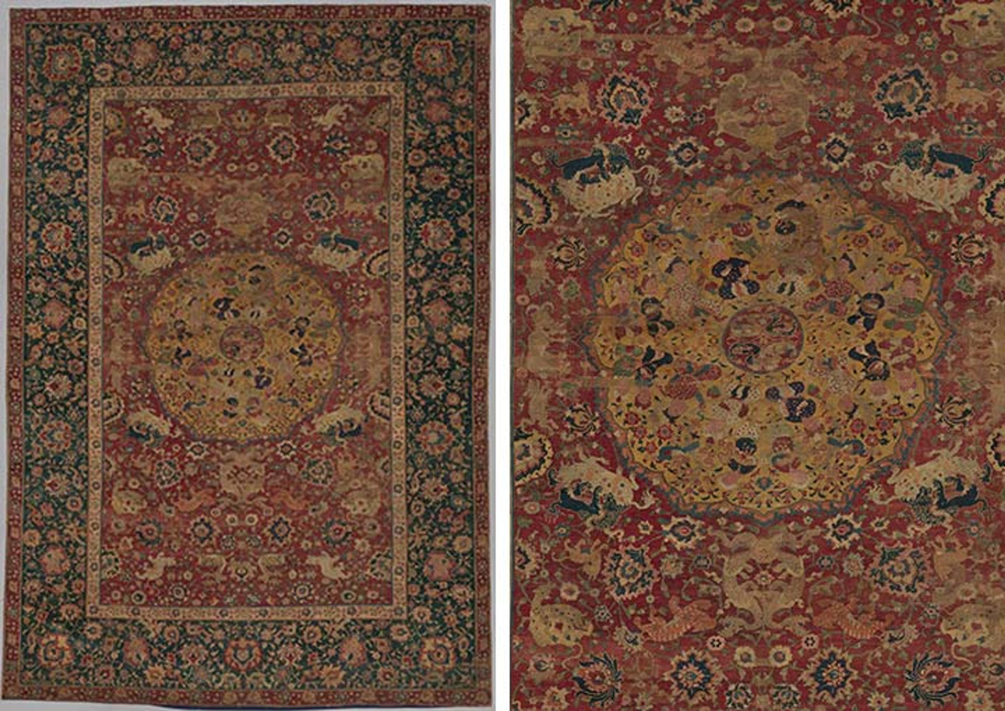 Rug on left, detail of medallion with lions eating animals with antlers