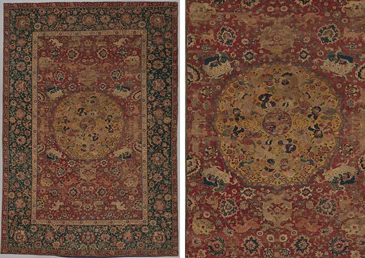 Rug on left, detail of medallion with lions eating animals with antlers