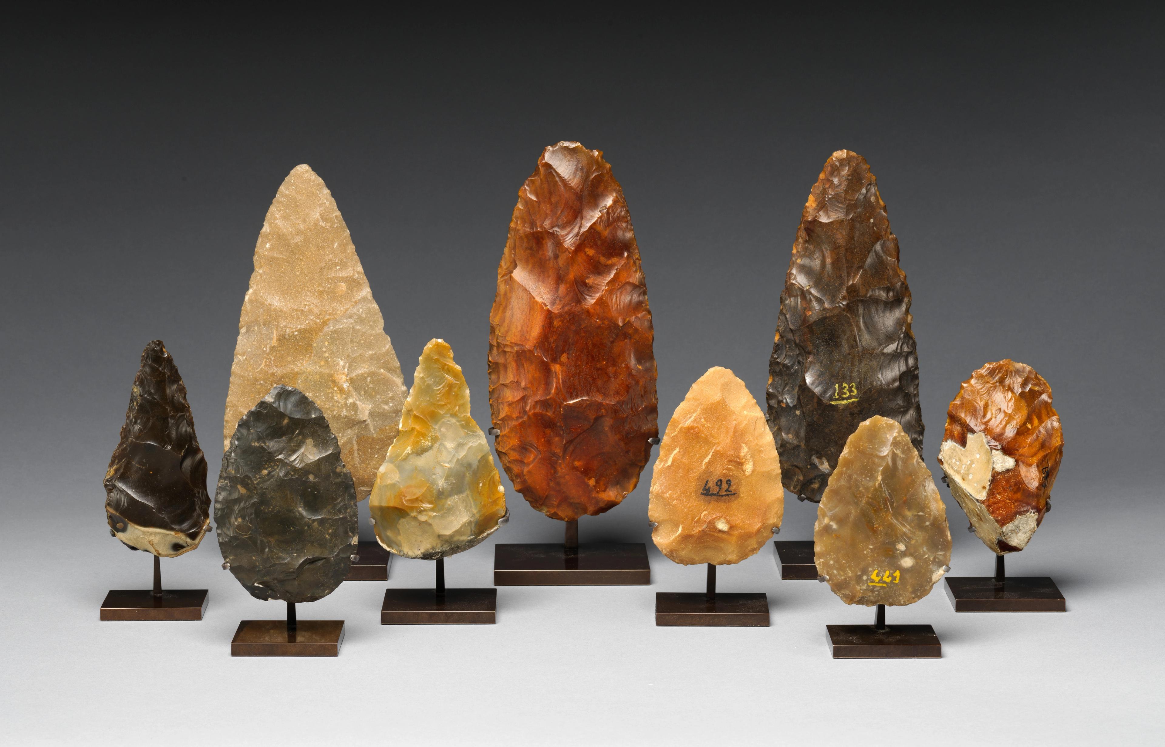 Set of nine bifaces, carved delicately into spears, placed upright against a gray background.