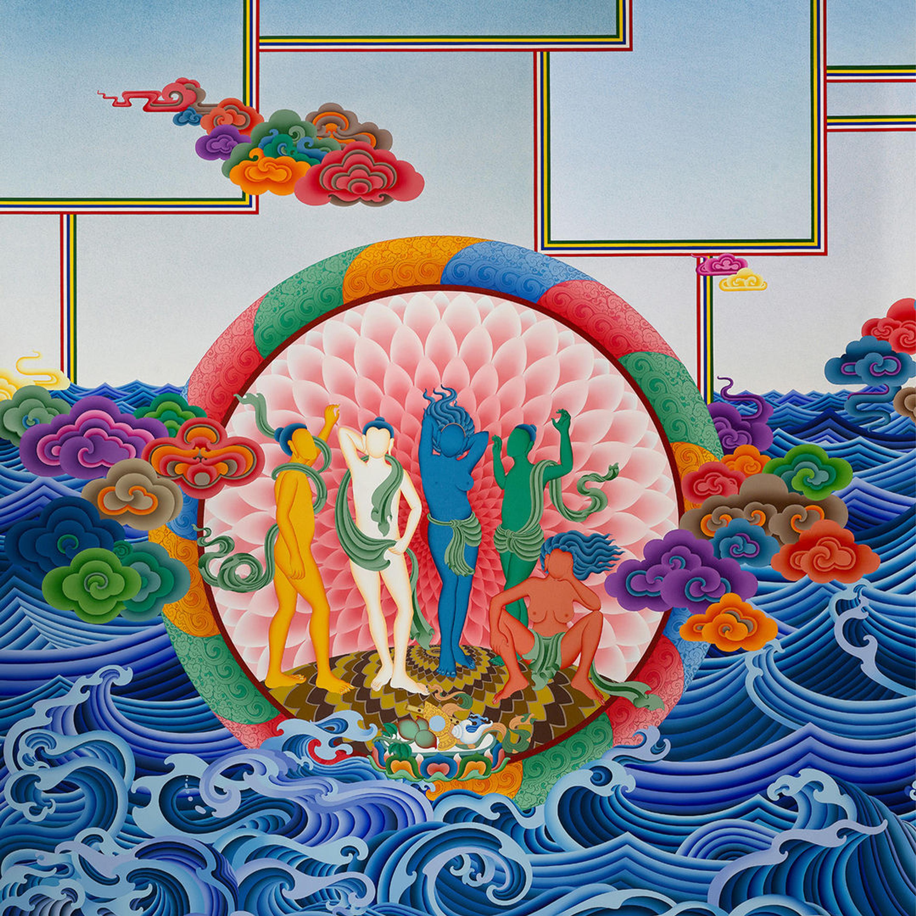 Multi colored blue, pink, green, purple, and blue waves swilr around a cirlce with four people in the middle in different colors.