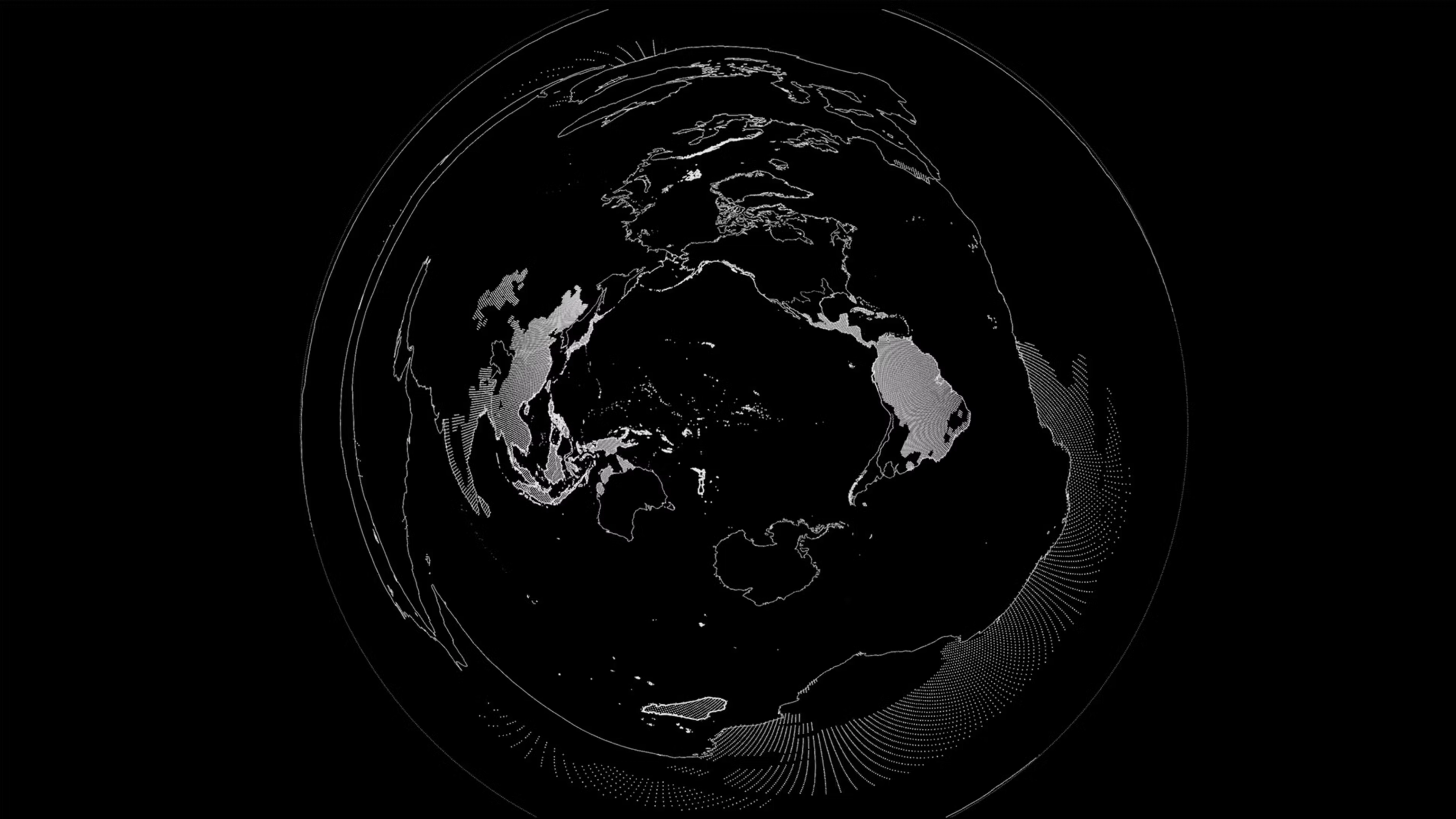 Sean Connelly, still from Spheric Oceania (2016) showing Earth as a hemisphere. © Sean Connelly