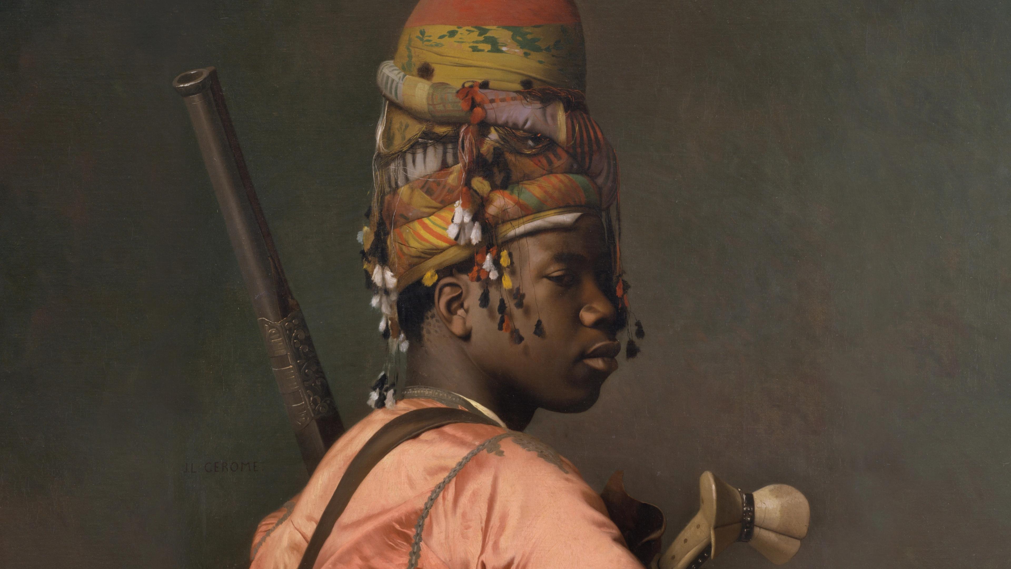 A portrait of a man in profile view with a decorated hat and pistol