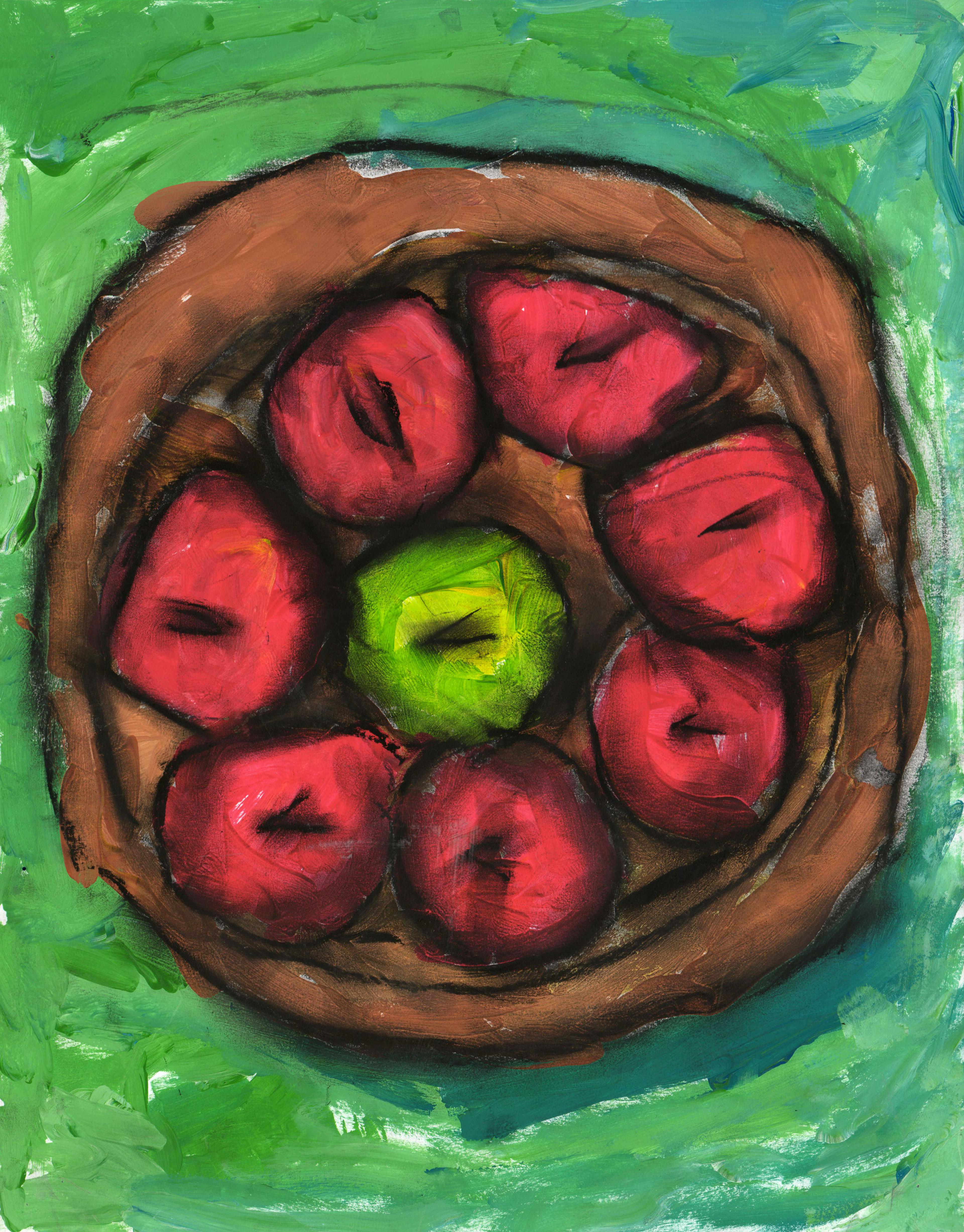 Overhead view of a brown circular bowl filled with seven red apples arranged in a circle, with one green apple in the center created with tempera, oil, and chalk pastel. The bowl sits upon a green backdrop. All the objects in the drawing are outlined in bold black strokes. 