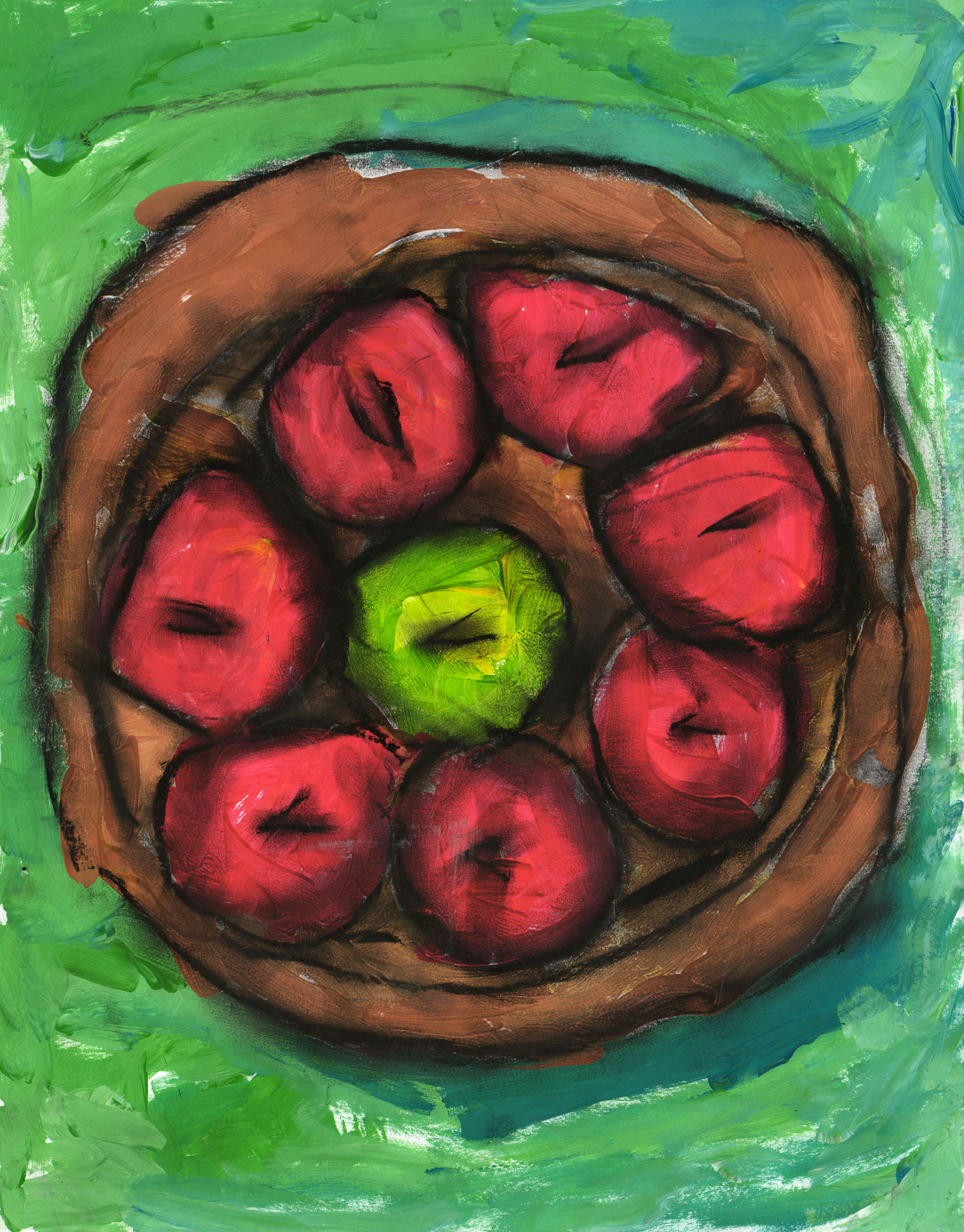 Overhead view of a brown circular bowl filled with seven red apples arranged in a circle, with one green apple in the center created with tempera, oil, and chalk pastel. The bowl sits upon a green backdrop. All the objects in the drawing are outlined in bold black strokes.