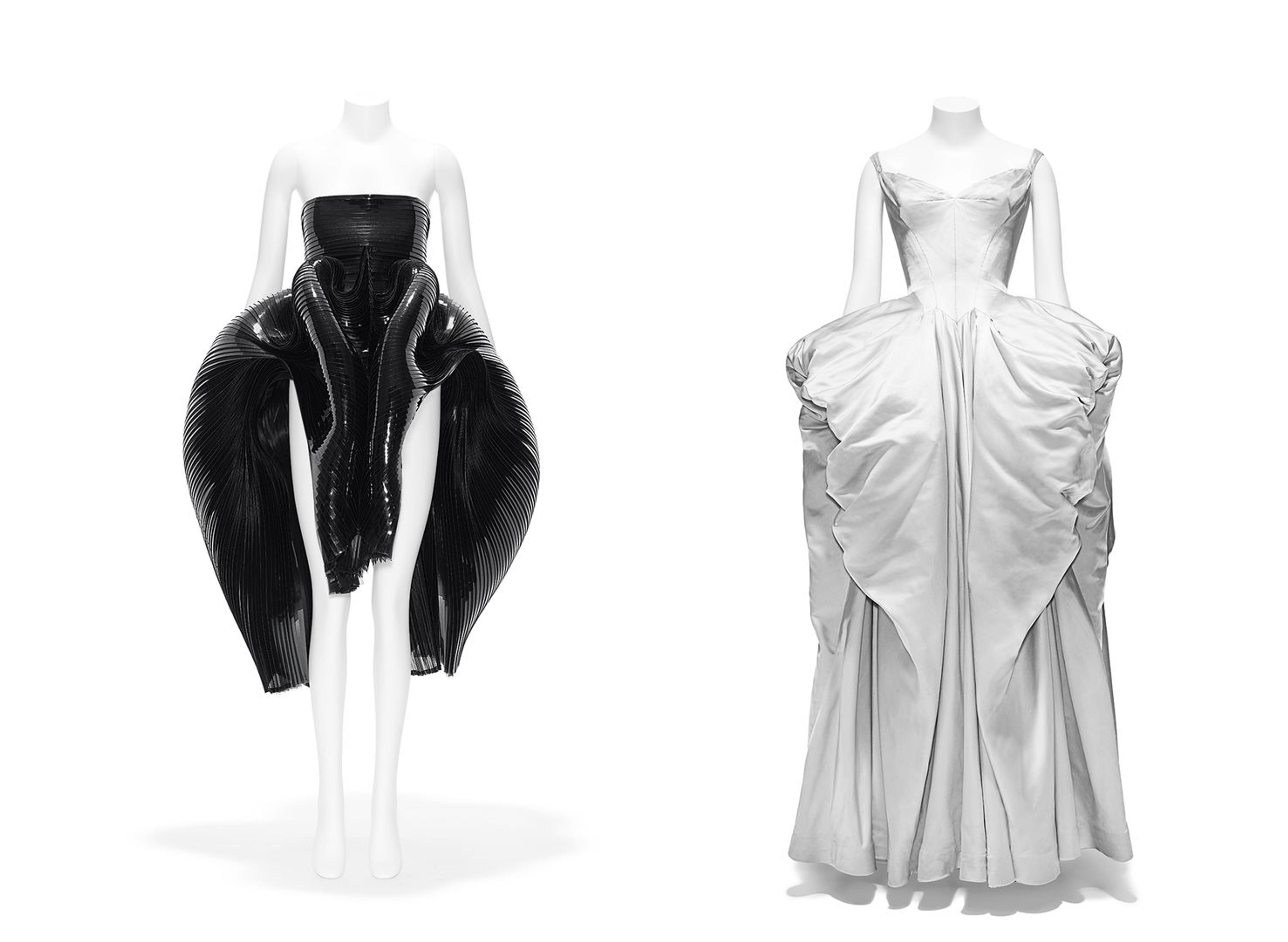 An Iris Van Herpen dress and a Charles James ball gown from About Time: Fashion and Duration