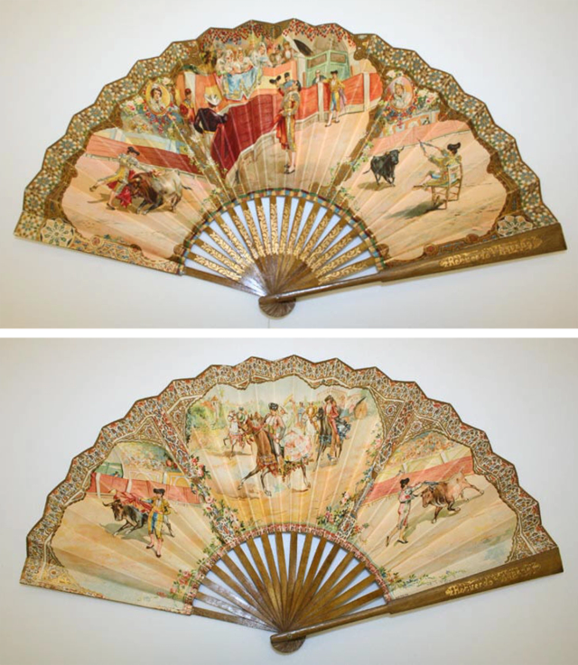 Fan with dynamic action scenes from a Spanish bullfight, trimmed with a geometric gold pattern.