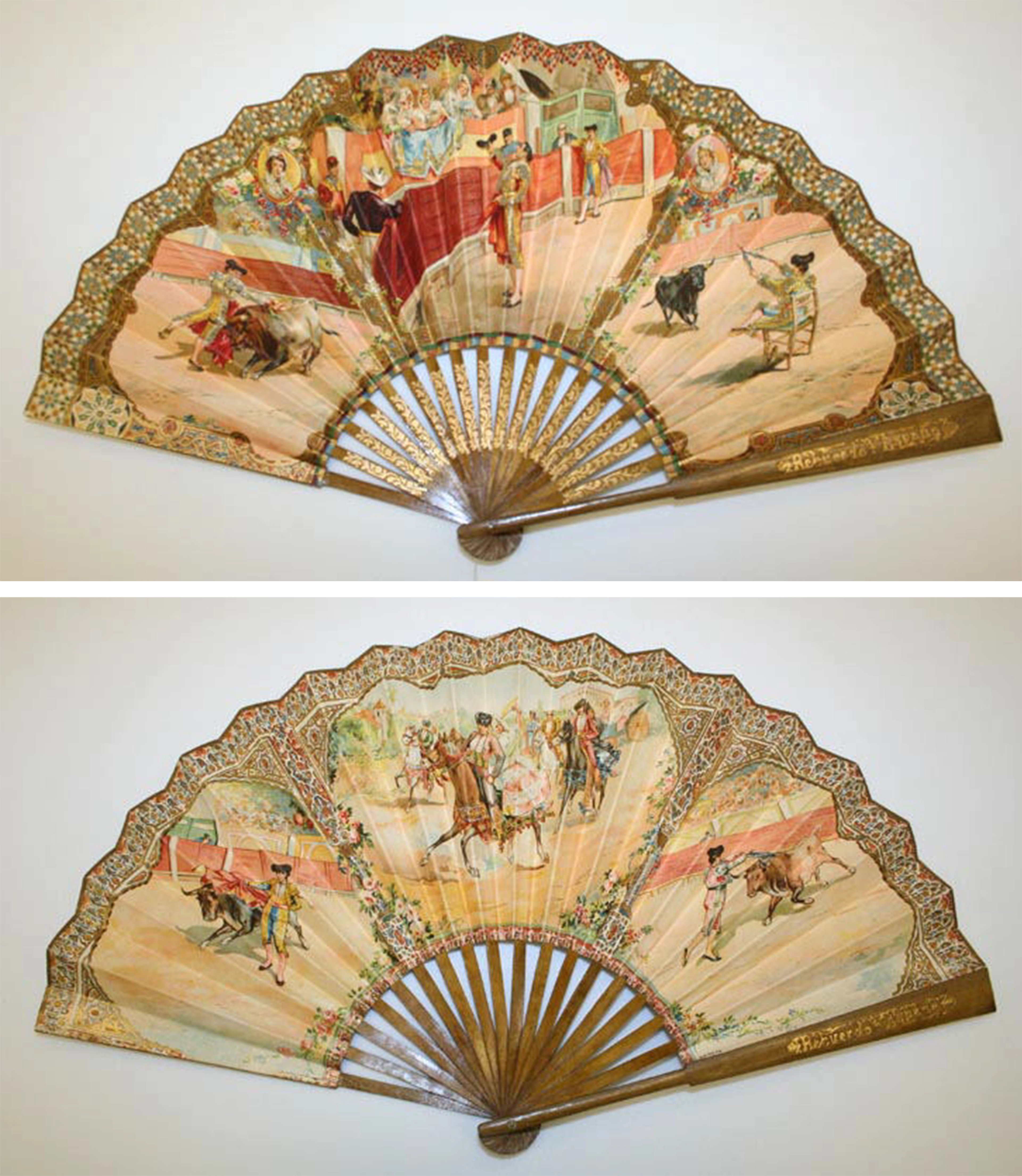 Fan with dynamic action scenes from a Spanish bullfight, trimmed with a geometric gold pattern.