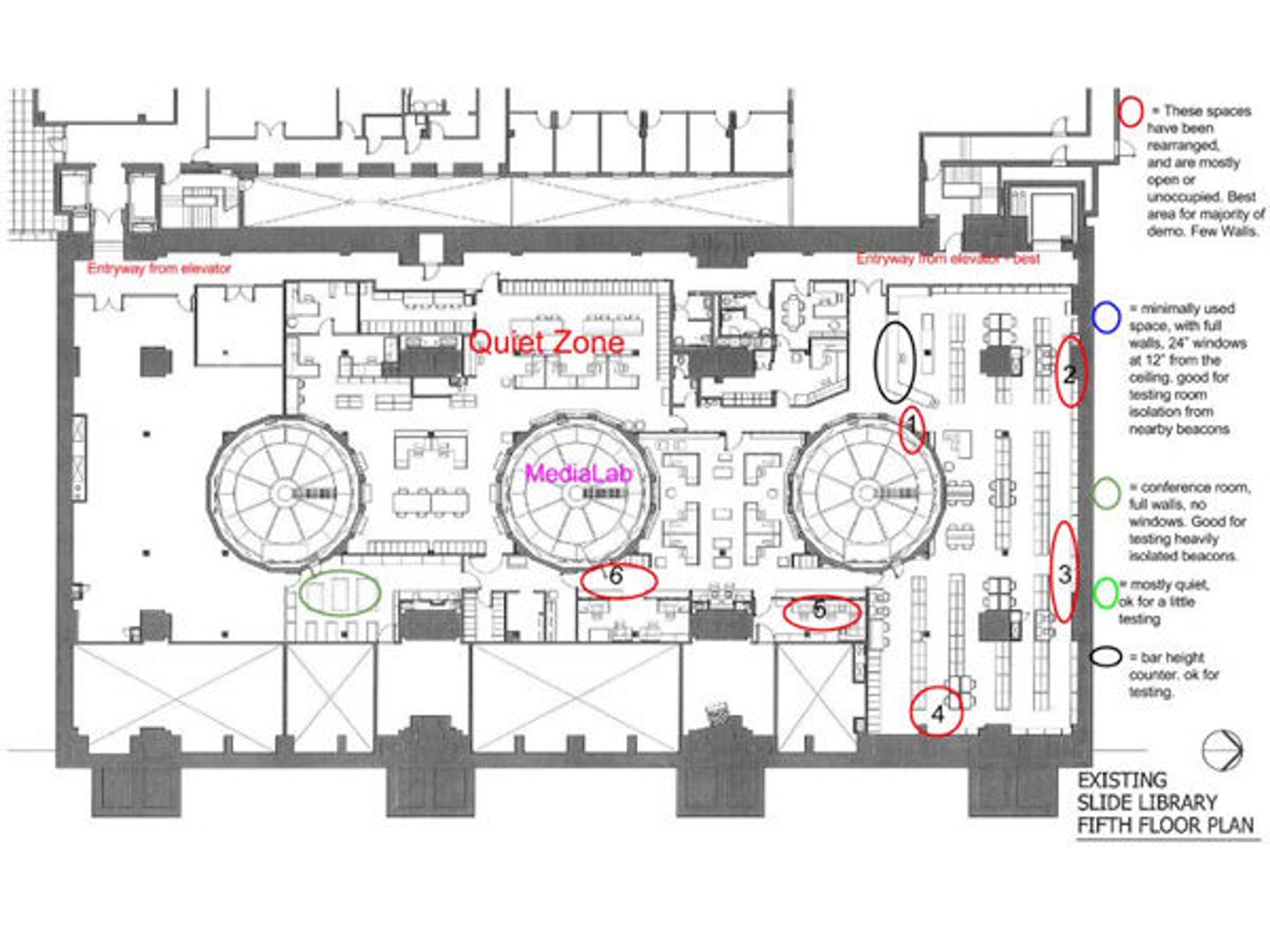 Fig. 4. To test potential in the Museum's galleries, three types of spaces were selected: corridors (1,6); a large, open space (3,4); and a small room (5).