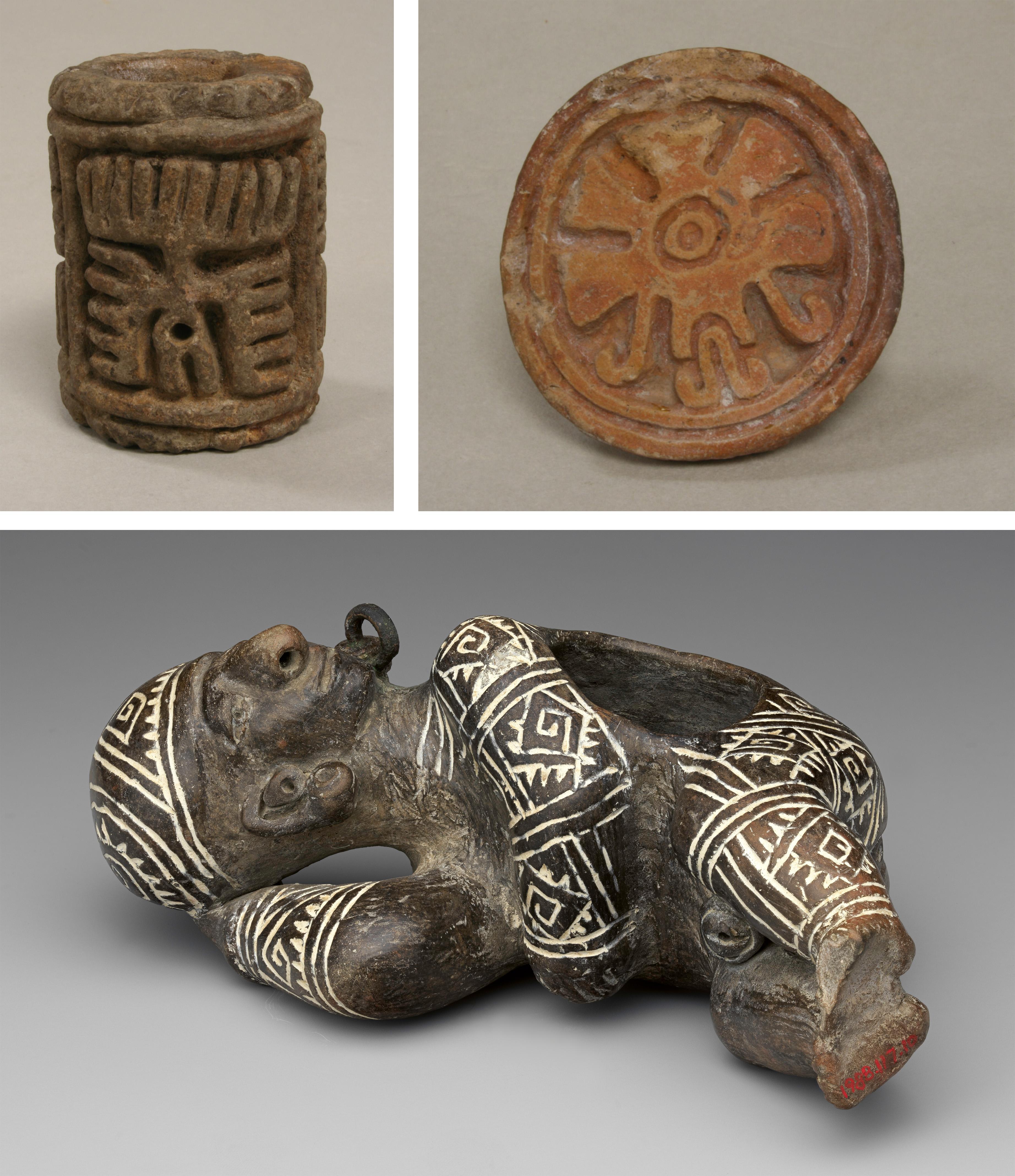 In the top left, a ceramic roller stamp with bird motifs engraved. In the top right, a ceramic stamp with a butterfly engraving. On the bottom, a dark figure vessel of a reclining man painted with white pigment designs.