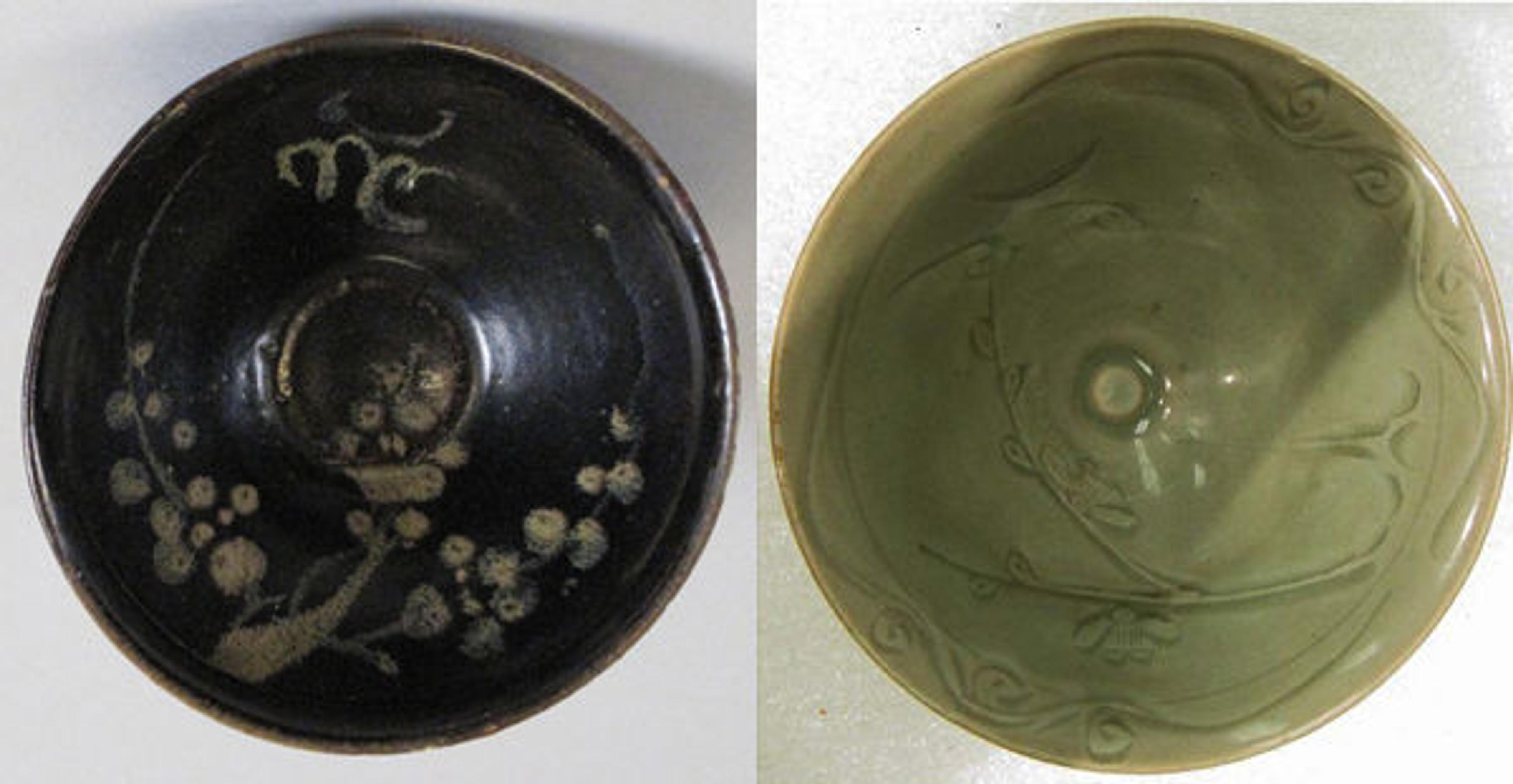 Left: Tea Bowl with Crescent Moon, Clouds, and Blossoming Plum; Right: Bowl with Plum Blossom and Crescent Moon